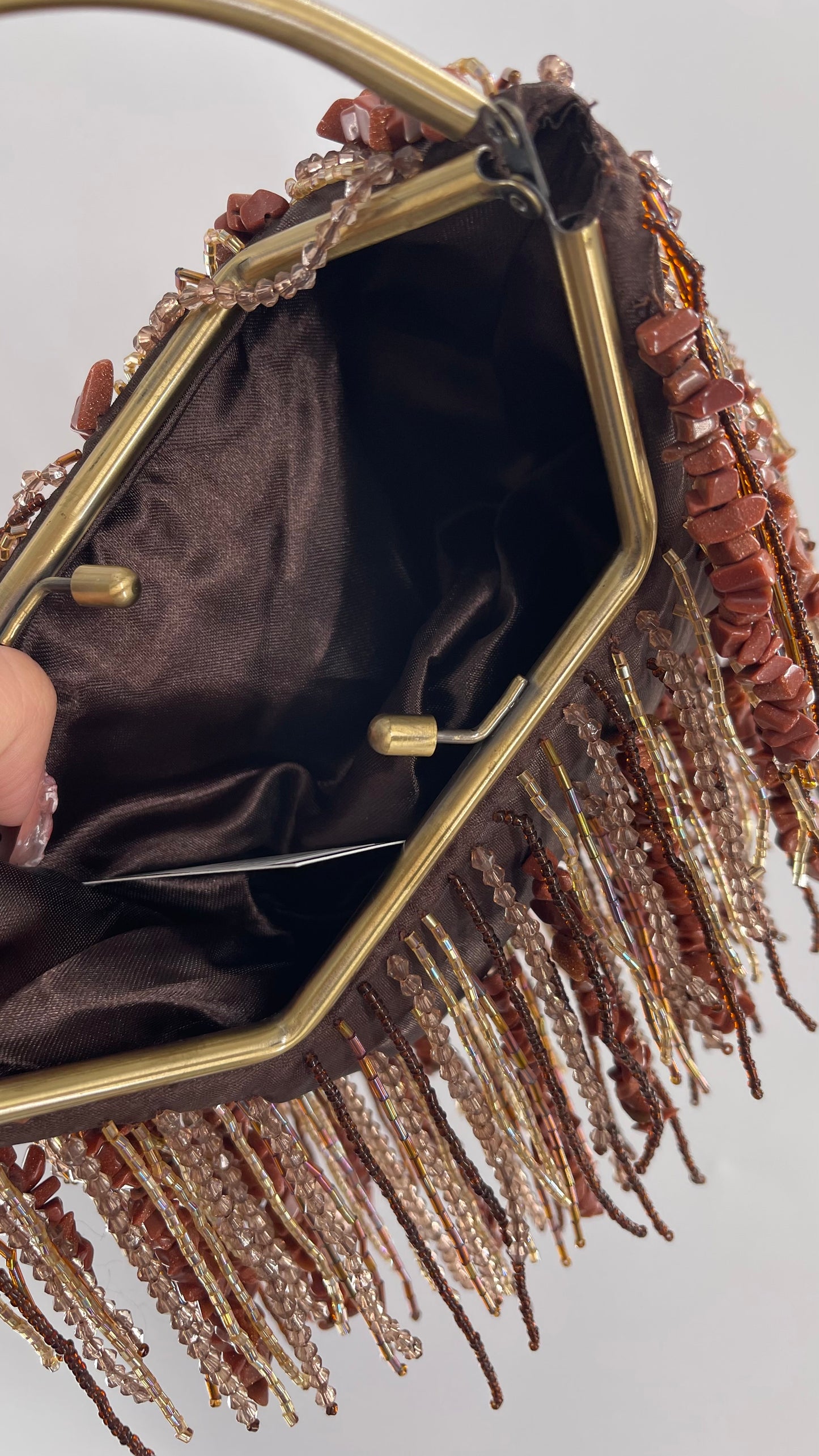 Vintage Purse Covered in Strands of Brown Beads and Reflective Stone Tassels