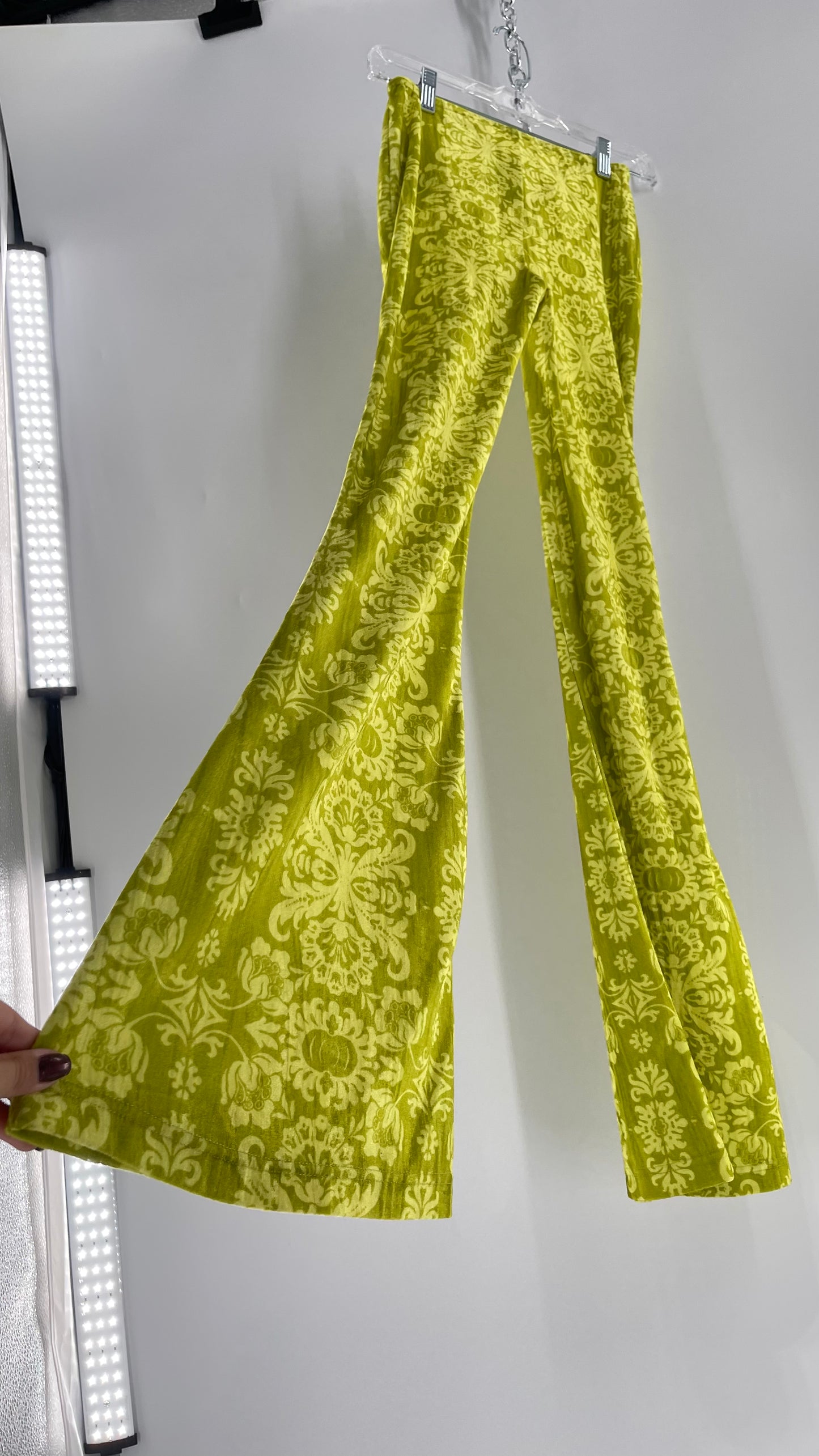 Urban Outfitters Chartreuse Green/Yellow Velvet Lace Patterned Flares with Scrunch Front  (XS)