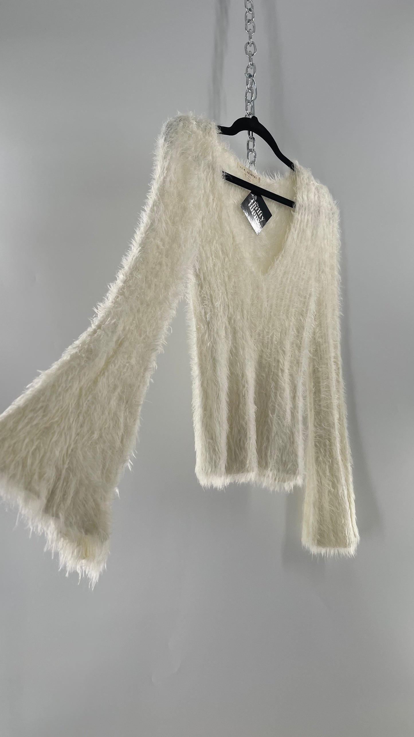 LA Hearts White Fuzzy Bell Sleeve V Neck Sweater (Large)