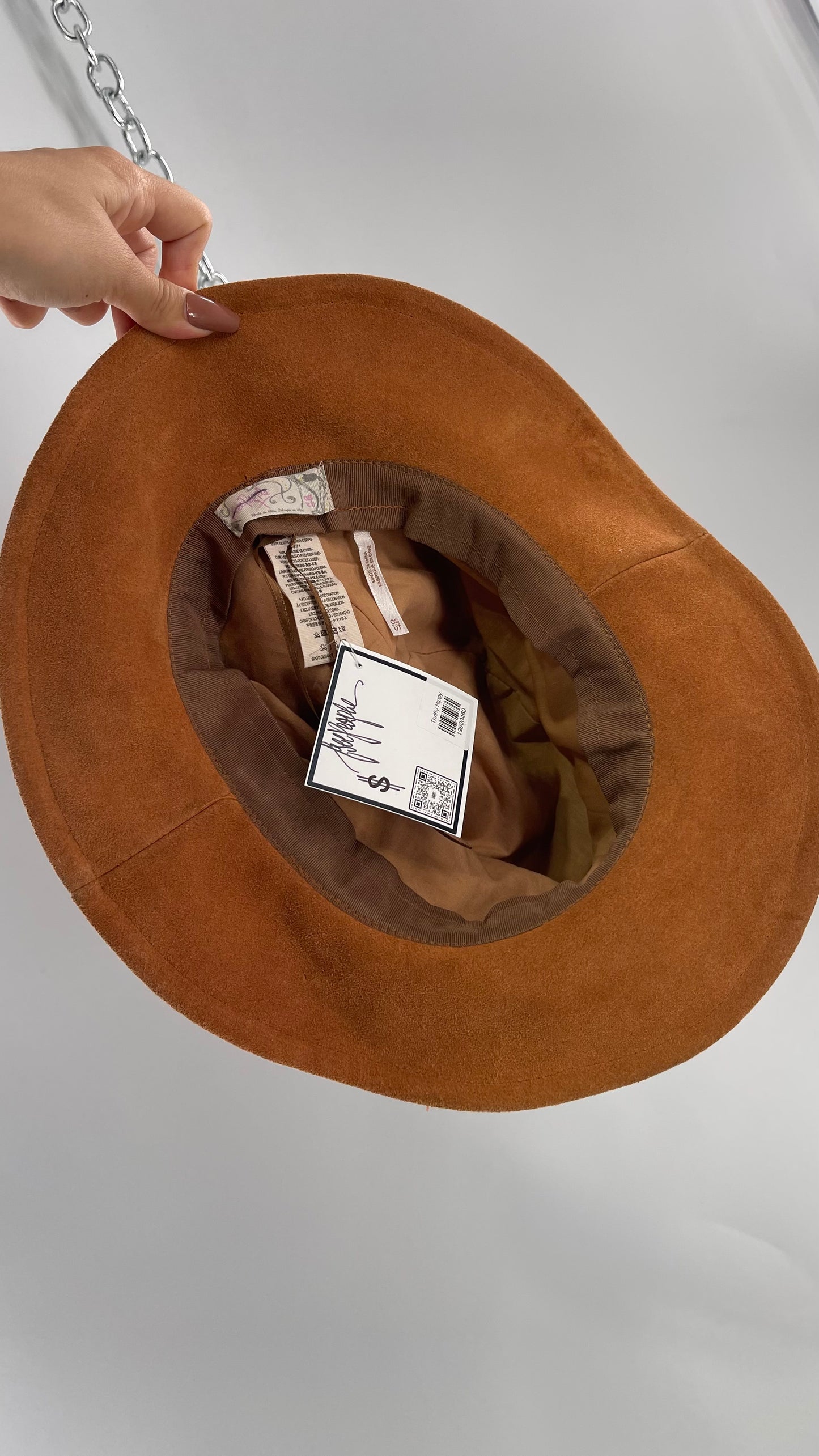 Free People Burnt Orange Suede Genuine Leather Sun Hat with Braided Belt
