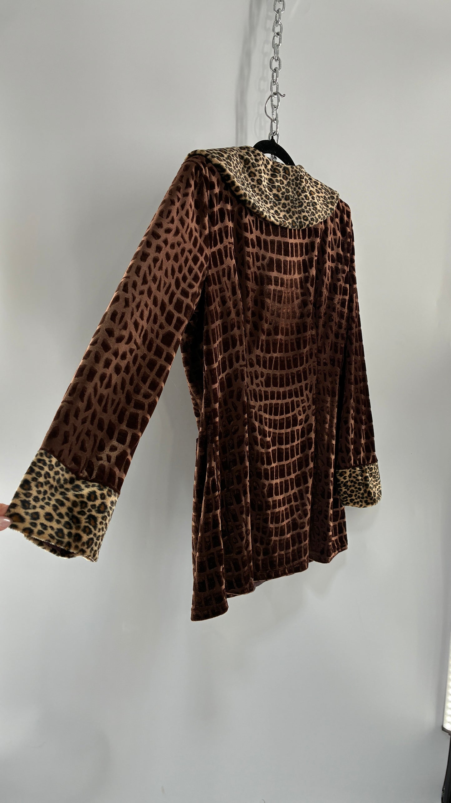 Vintage LINE #1 1990s Cheetah Print Velour Overcoat with Collar, Cuffs, and Oversized Buttons (XL)