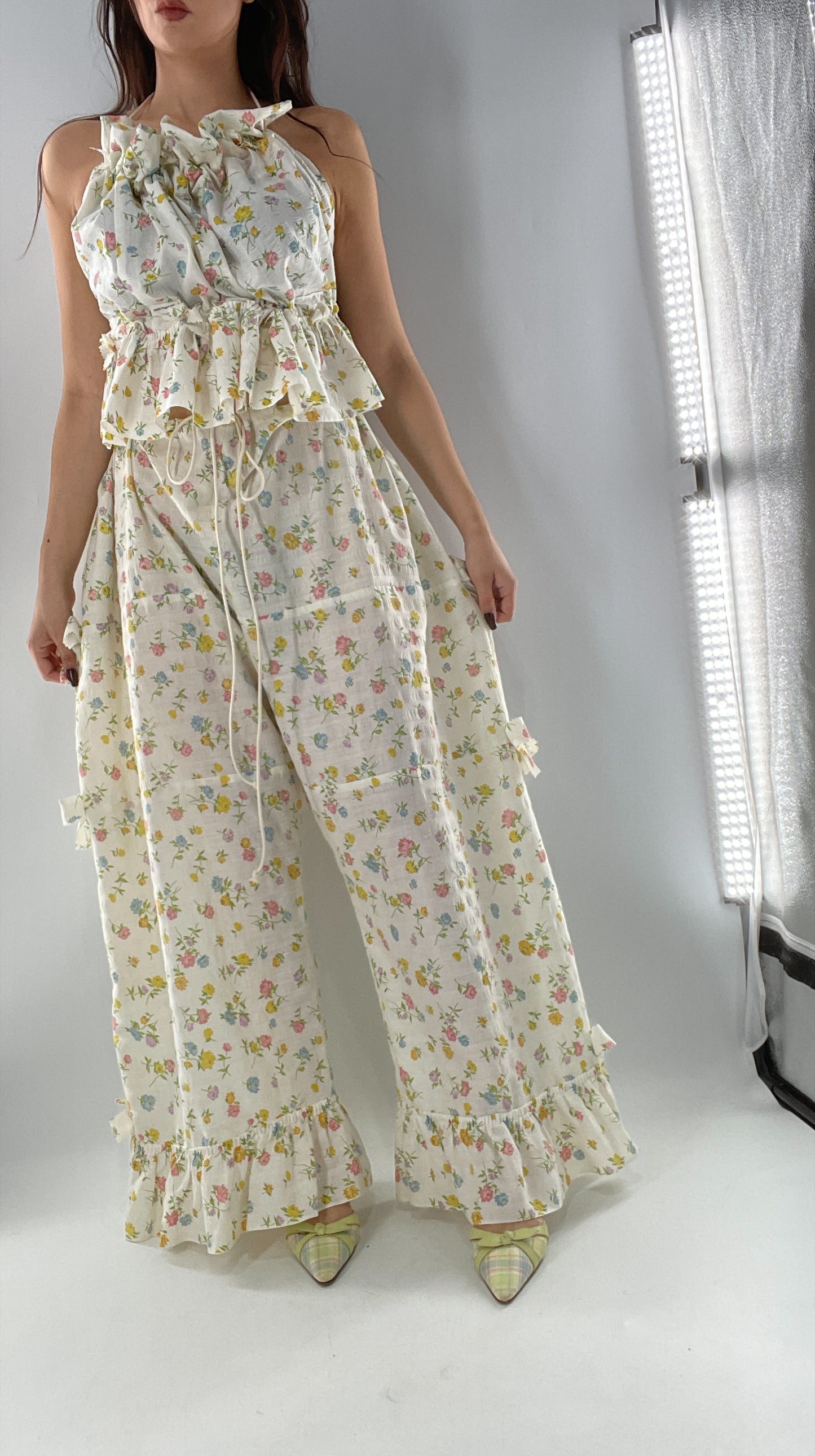 Vintage 2 Piece Floral Babydoll Set with Adjustable Top and Adjustable Pants Featuring Bow Sides and Ruffles Bum (One Size)
