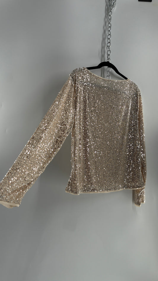 LOFT LOFT Champagne Sequin Long Sleeve Blouse with Tags Attached (XL)