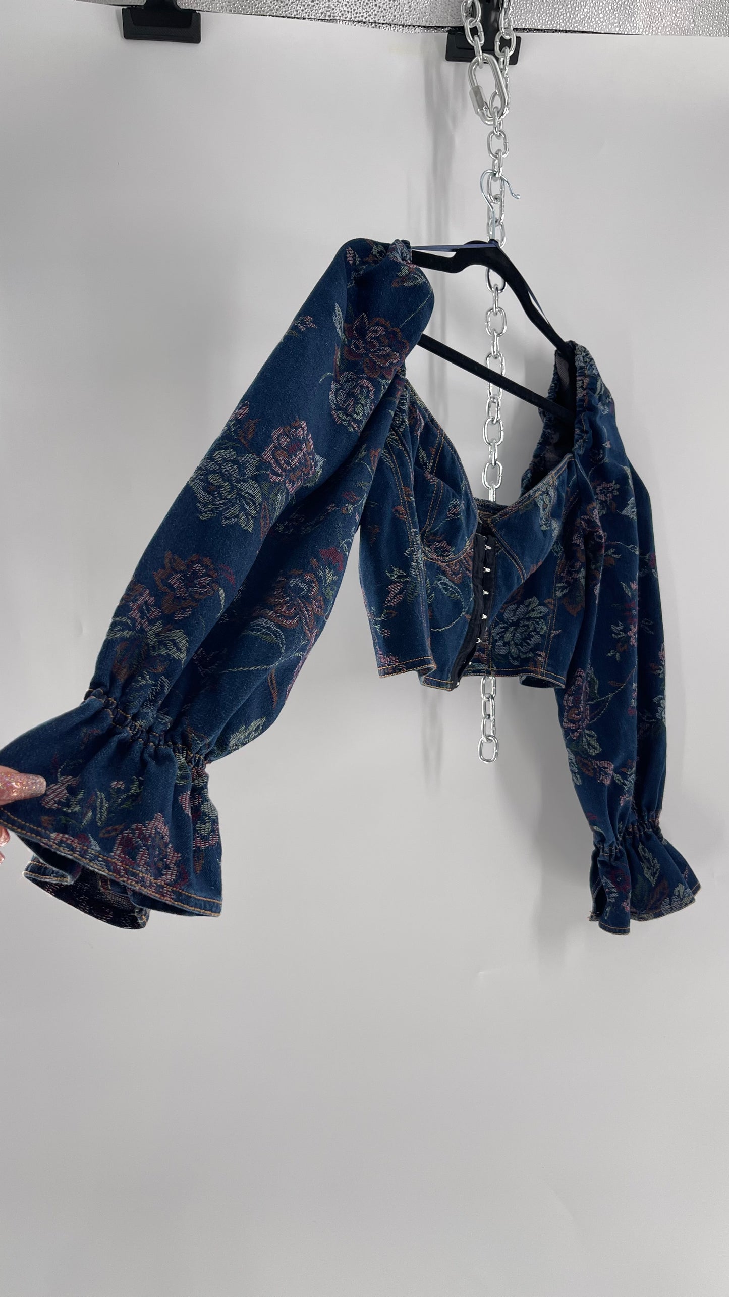 Urban Outfitters Denim Cropped Corset Grommet Balloon Sleeve Blouse (Large)
