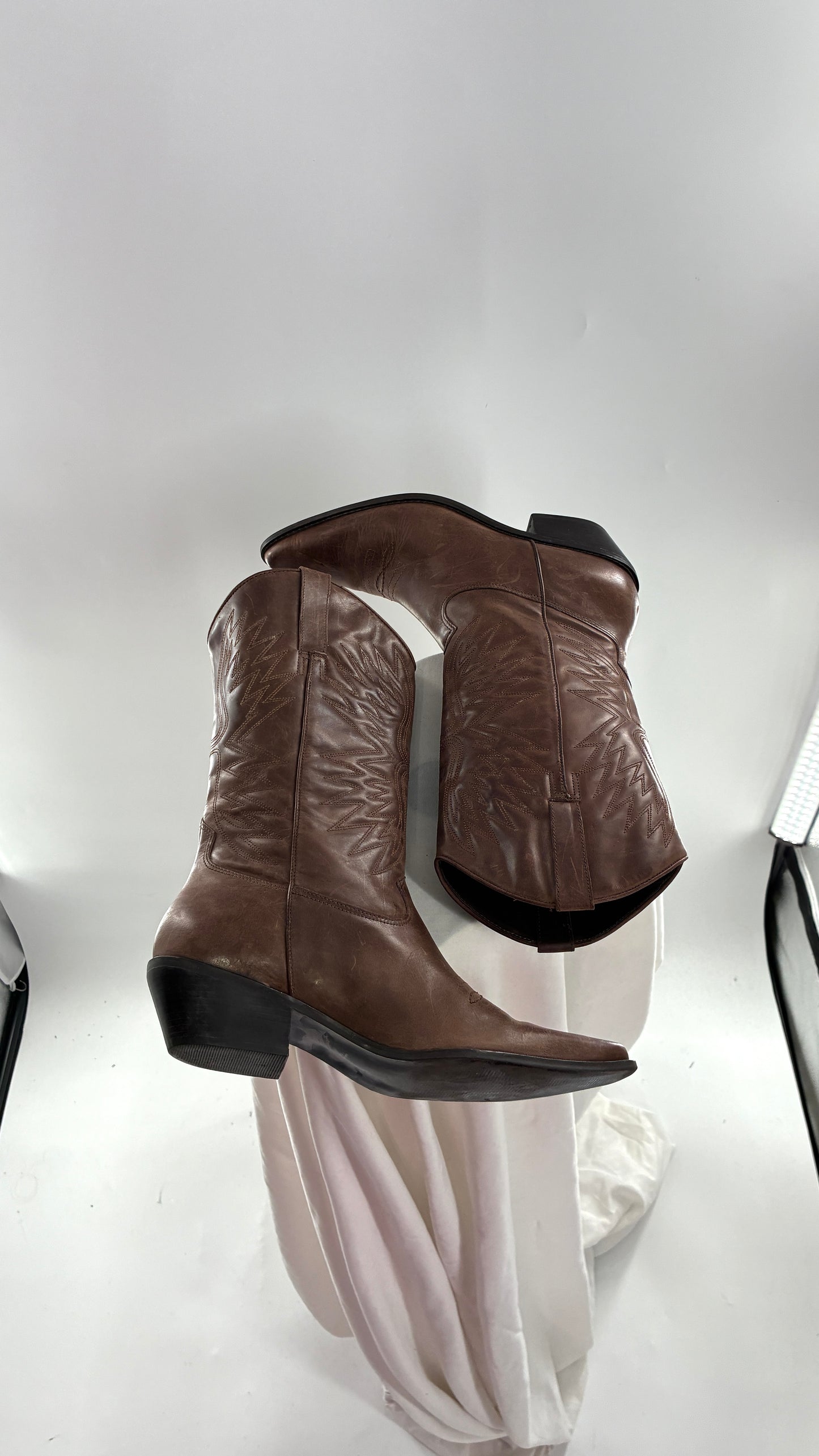 Vintage Genuine Leather Brown Cowboy Boots Made in Brazil (9.5)