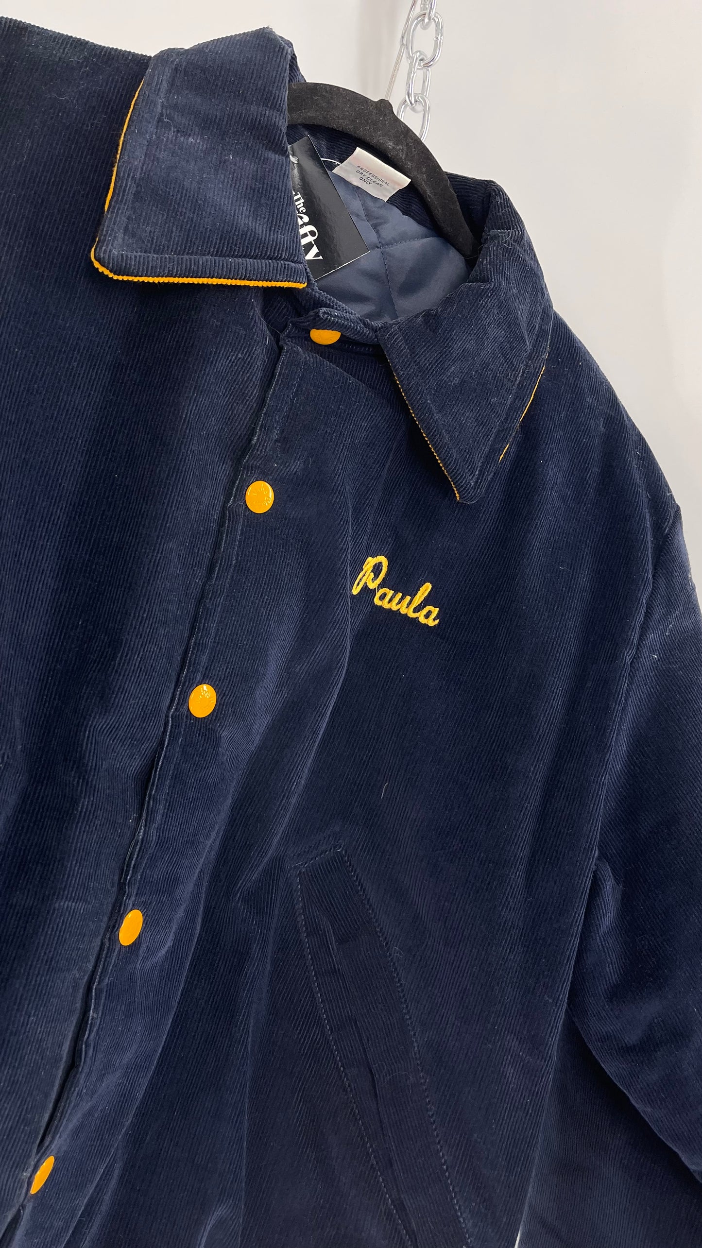 Birdie Vintage Phi Sigma Sigma Navy Blue Corduroy Varsity/Sorority Jacket with Contrast Yellow Patches and Embroidered “Paula” Monogram (Large)