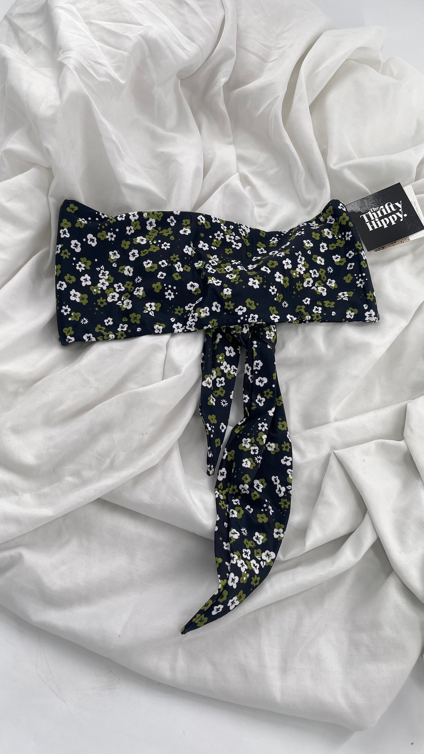 GILLIA swim Black Tie Up Bandeau with Green Poppy Florals (Medium)