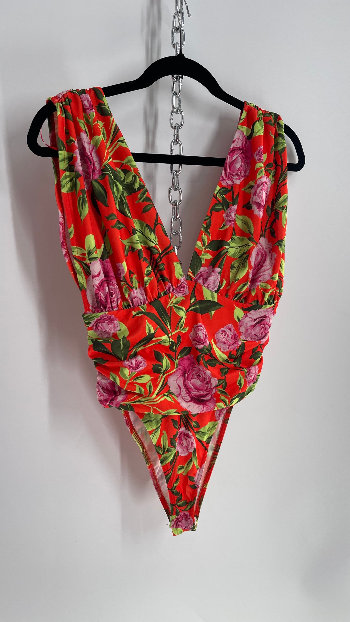 ZARA Orange Tropical Flora Ruched Bodice Bodysuit with Tags Attached (Medium)