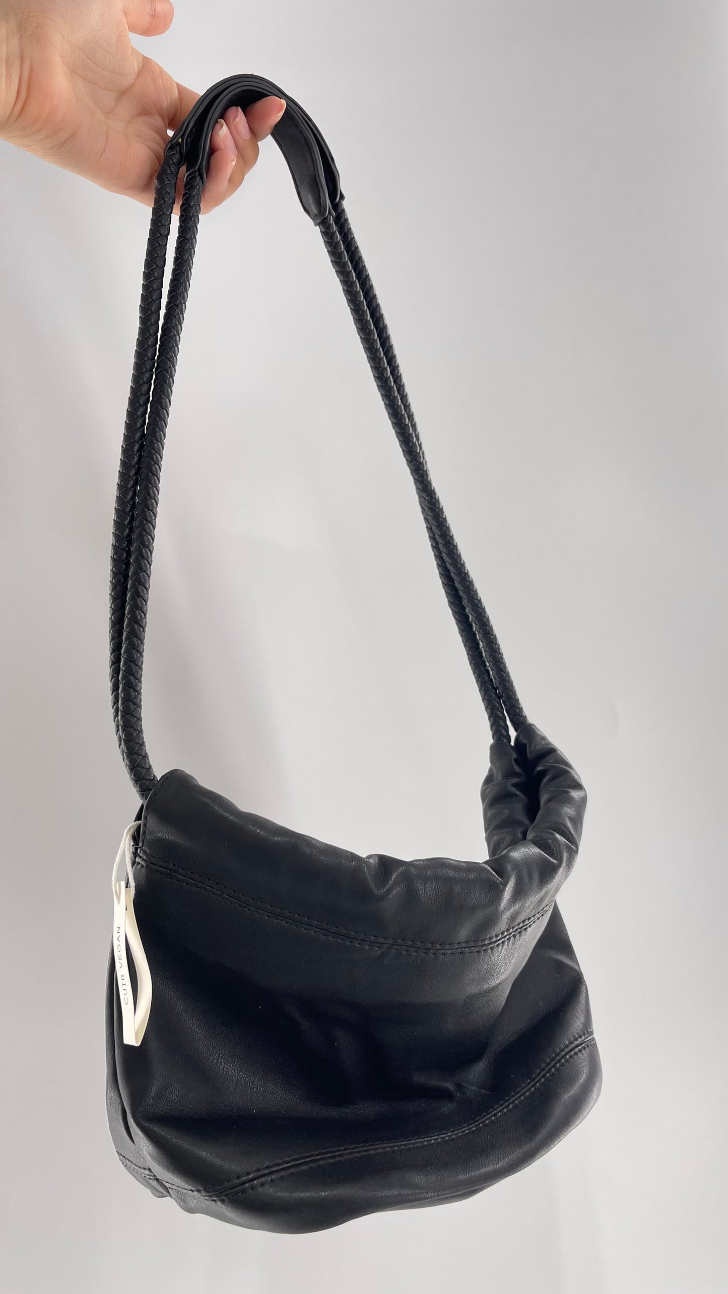 Urban Outfitters Black Adjustable Bucket Tank Vegan Leather Bag with Braided Handles