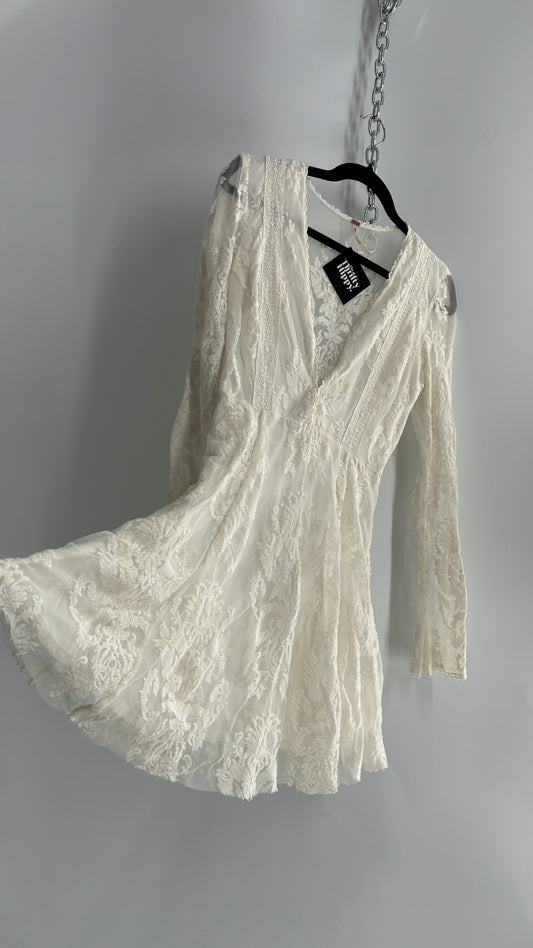 Free People White Lace All Over Embroidered Mini Dress with Sheer Back (4)