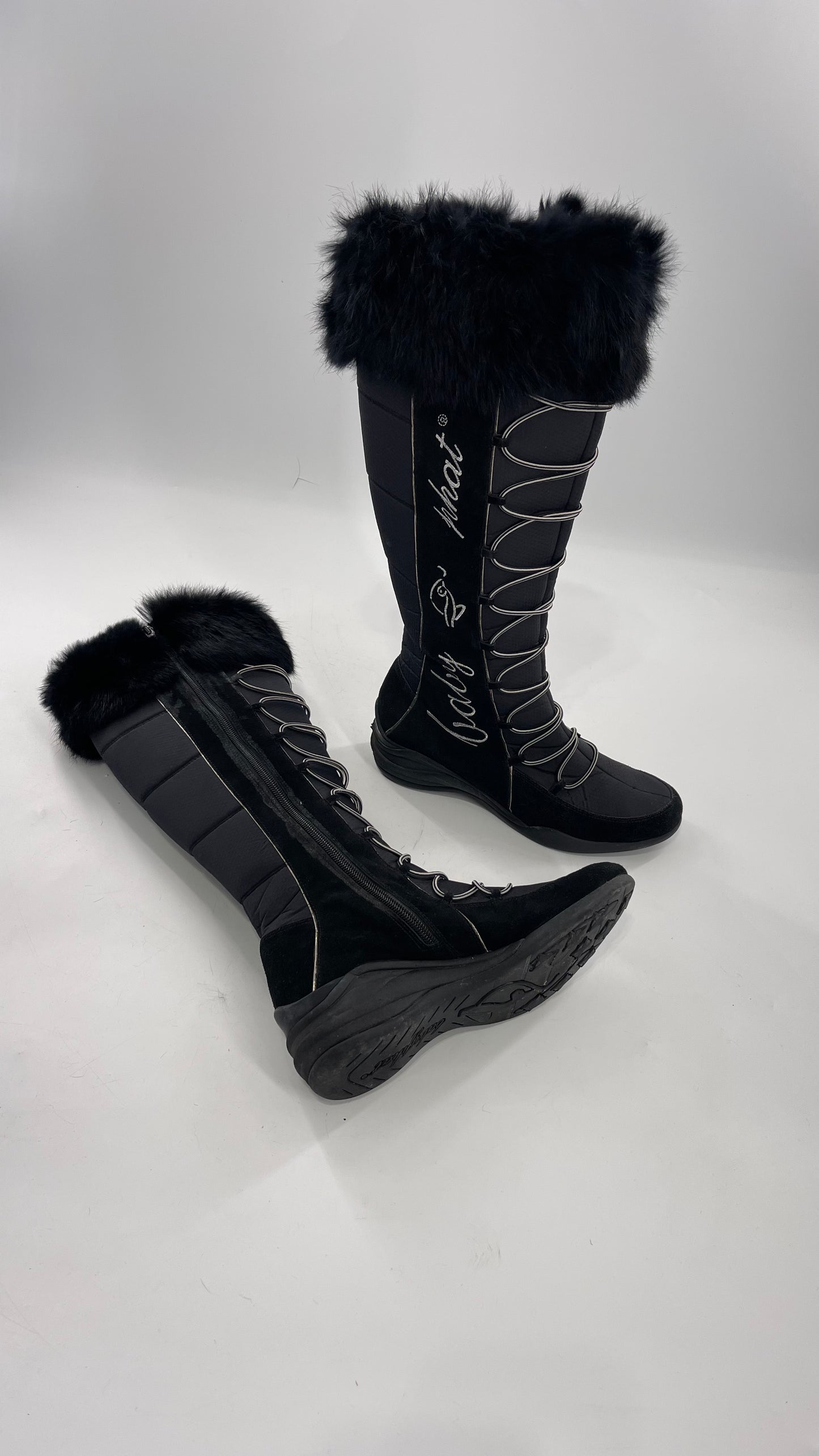 Baby Phat Black Knee High Boots with Rabbit Fur Trim, Bungee Cord Ties, and Embroidered Logo Design (8)