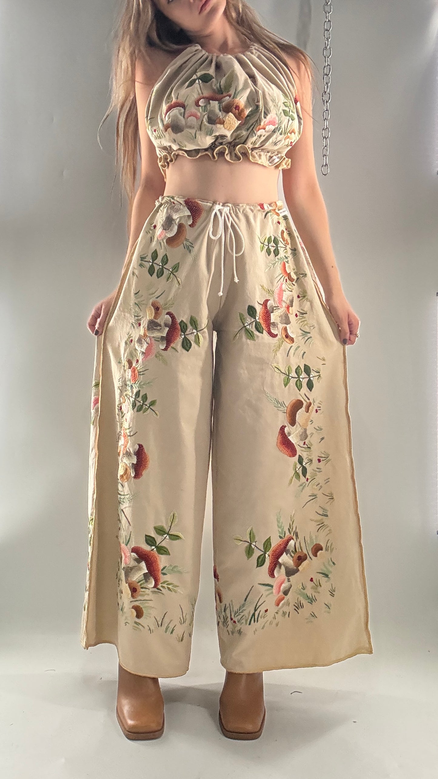 Vintage Custom Handmade and Hand Embroidered Two Piece Set with Mushrooms, Vines, and Ladybugs (XS-L)