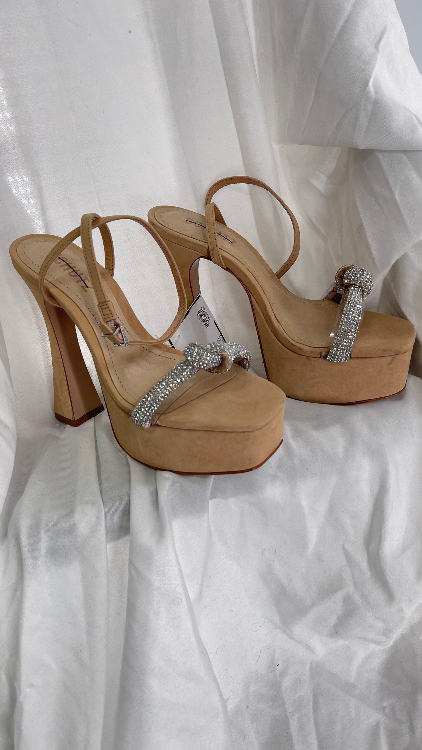 SCHÜTZ Peaky Beige/Tan/Nude Platform Heel with Funky Heel and Clear Knot Rhinestone Toe Strap (6)