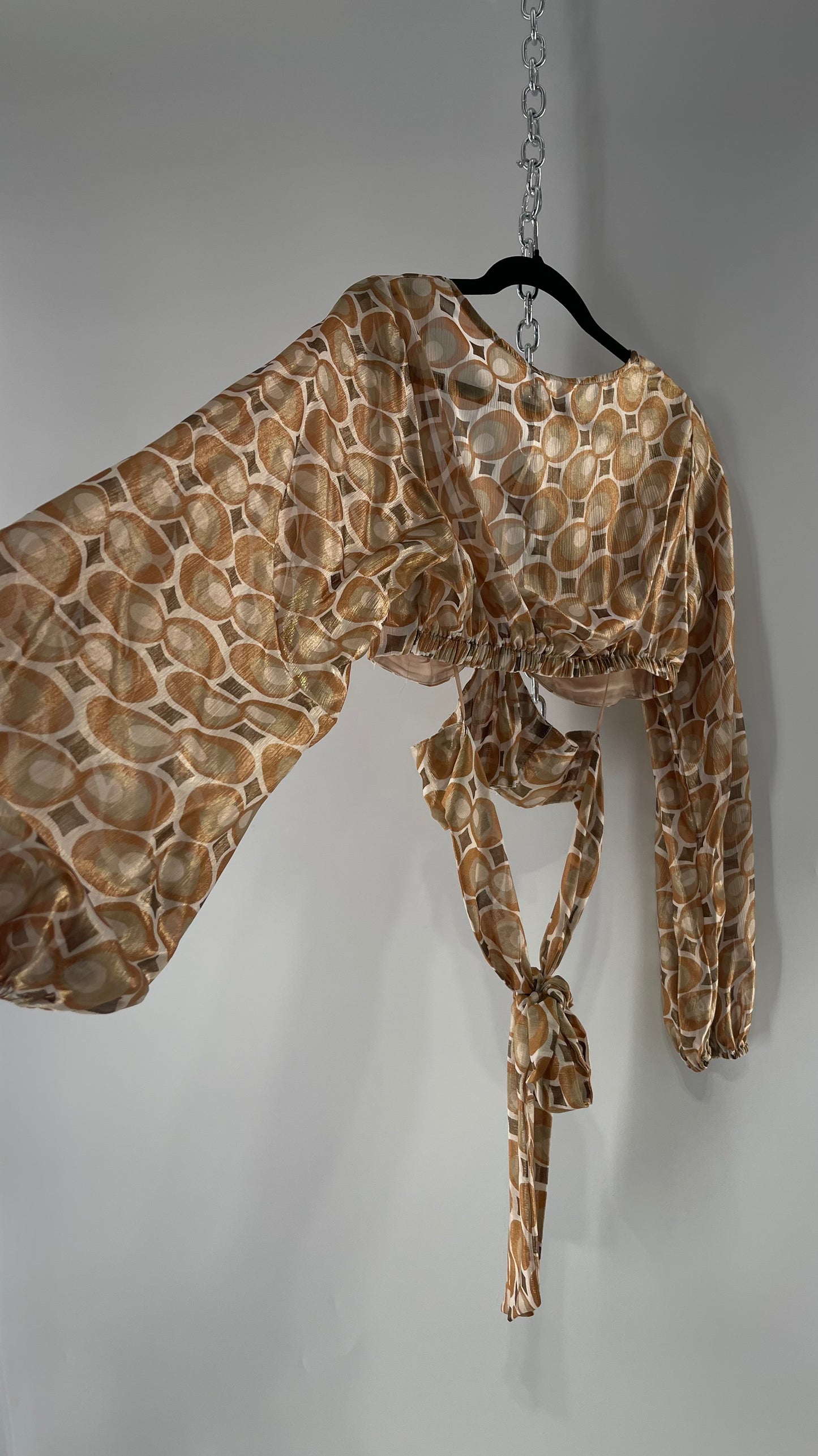 Urban Outfitters Shimmer Top Balloon Sleeve Gold Retro Print Cut Out Tie Around Blouse (Medium)
