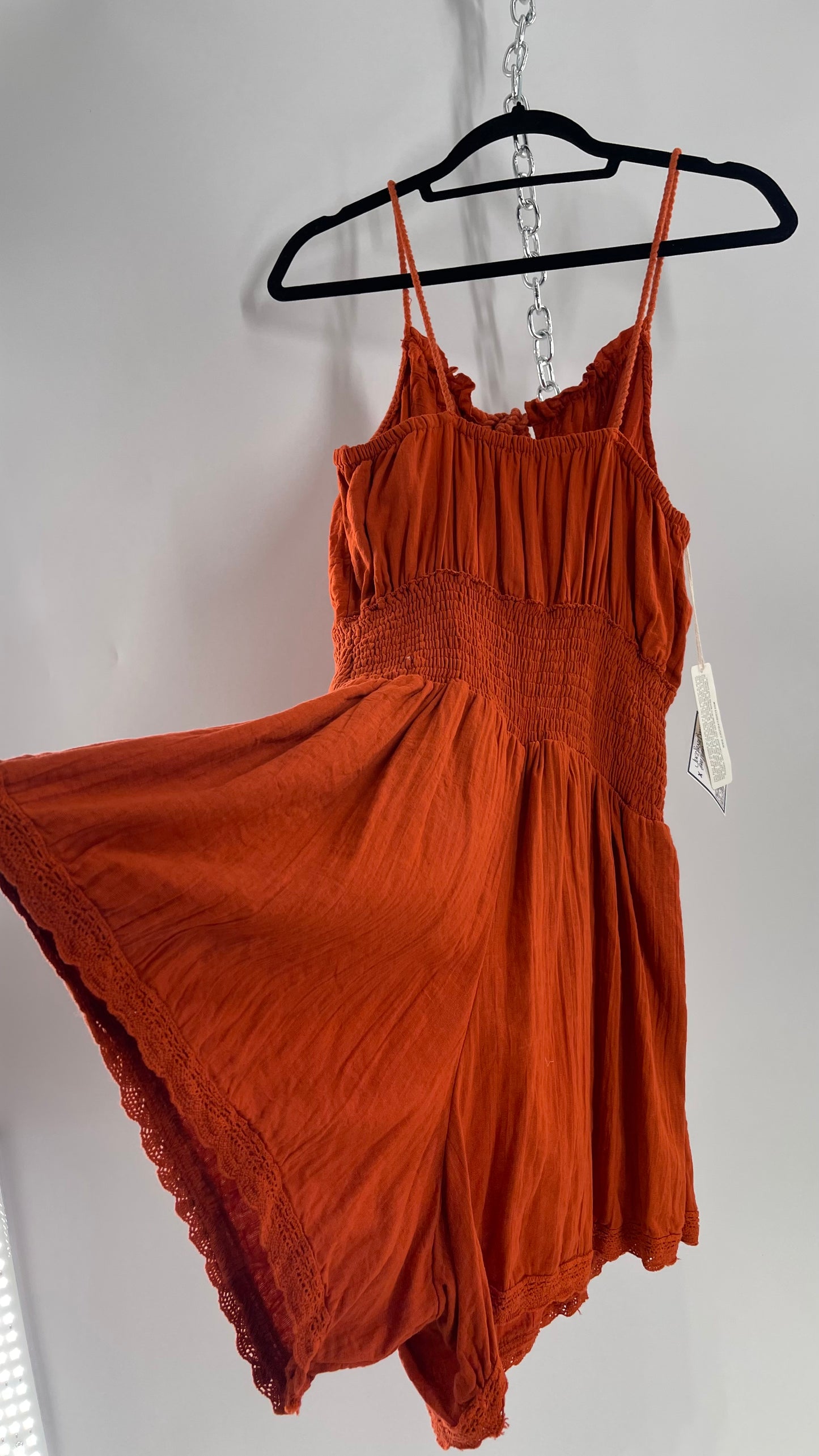Free People Burnt Orange Smocked Pointed Waistline, Open Bust Jen’s Pirate Booty Romper Tags Attached 100% Cotton(XL)