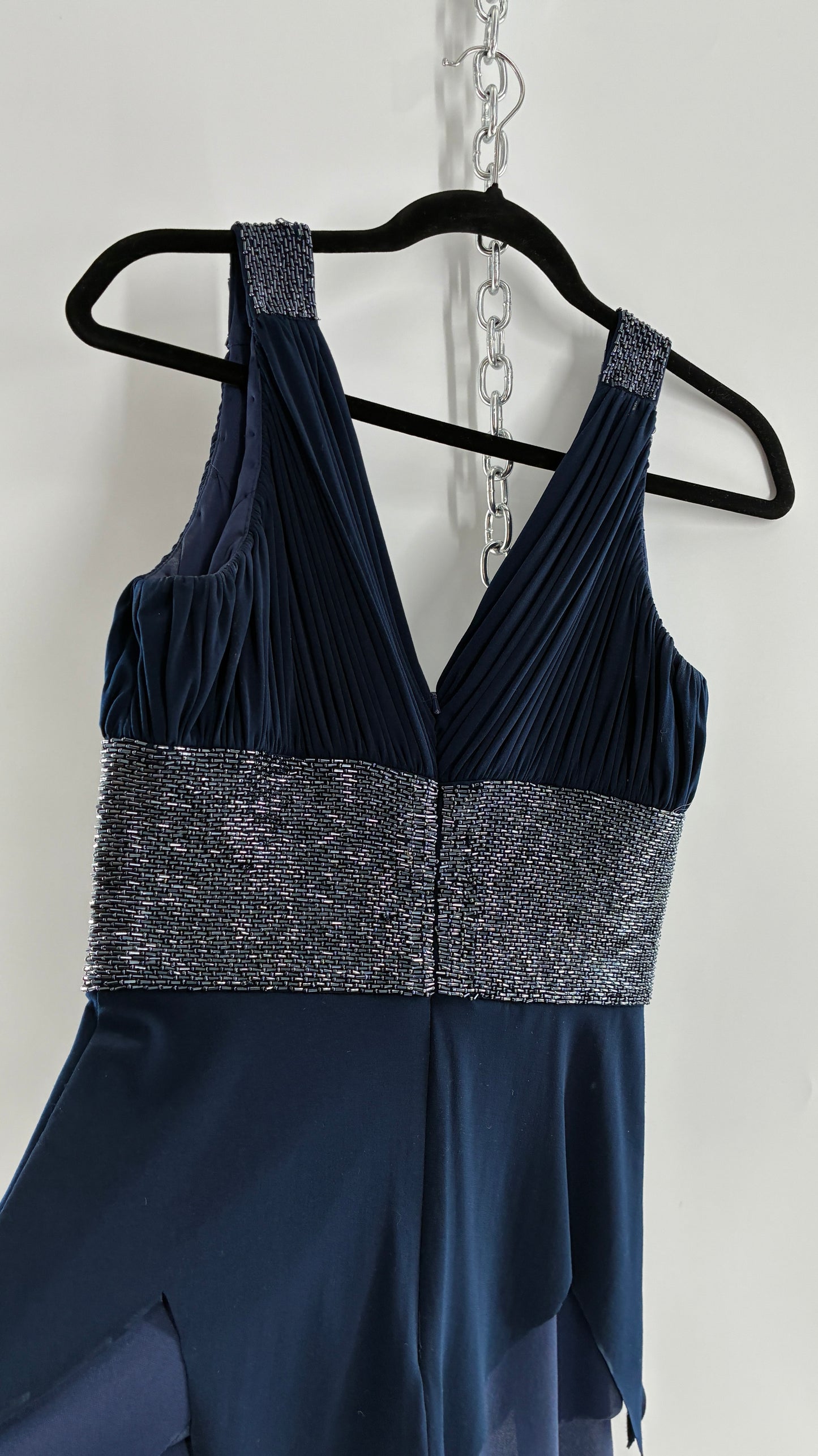 Vintage JS Boutique 1990s Navy Blue Chopped Handkerchief Hem, Beaded Underbust Panel and Pleated Bust (6)