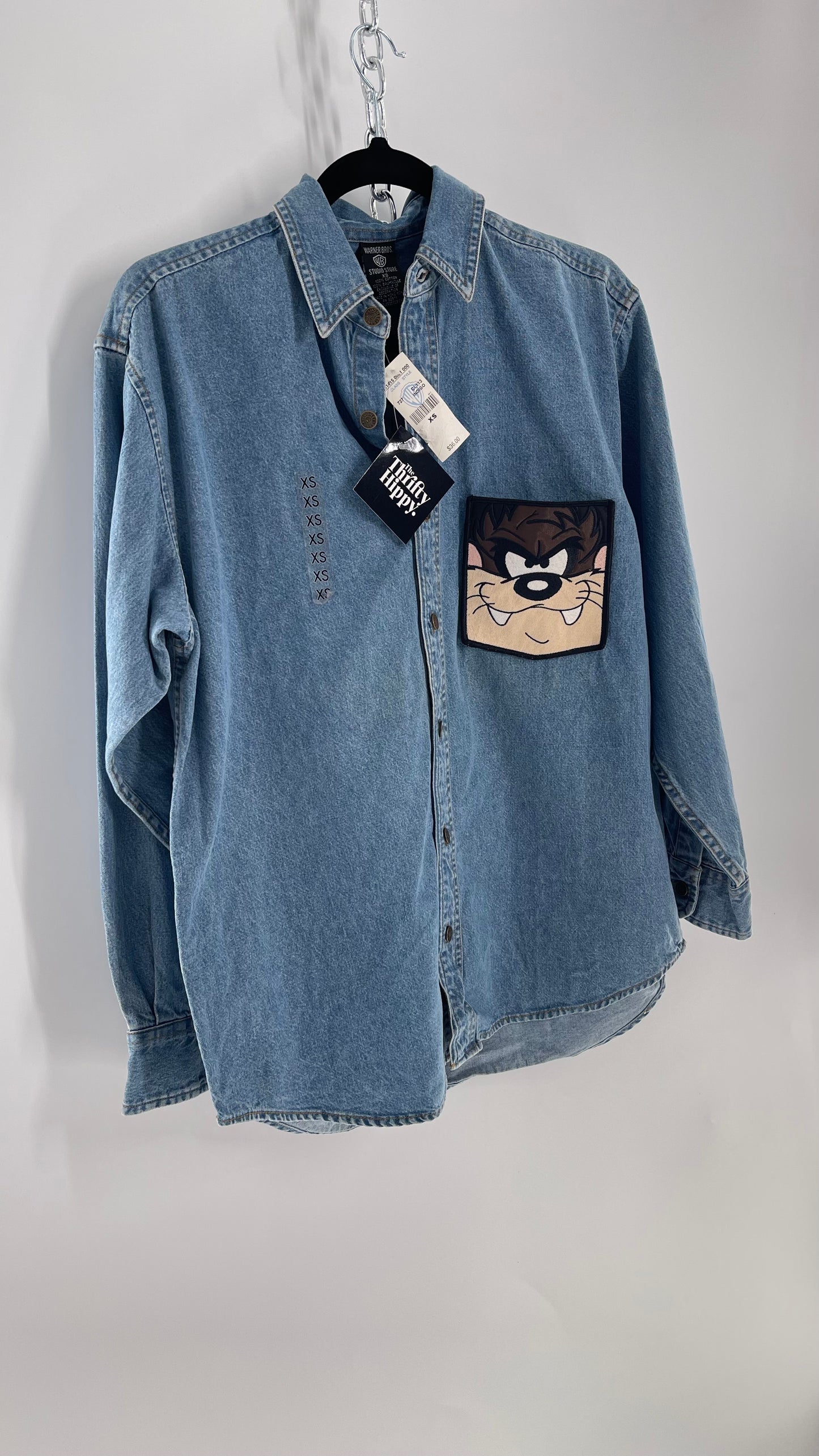 Deadstock Vintage Warner Bros Looney Tunes Denim Longsleeve with Embroidered Taz Pocket (XS/S)