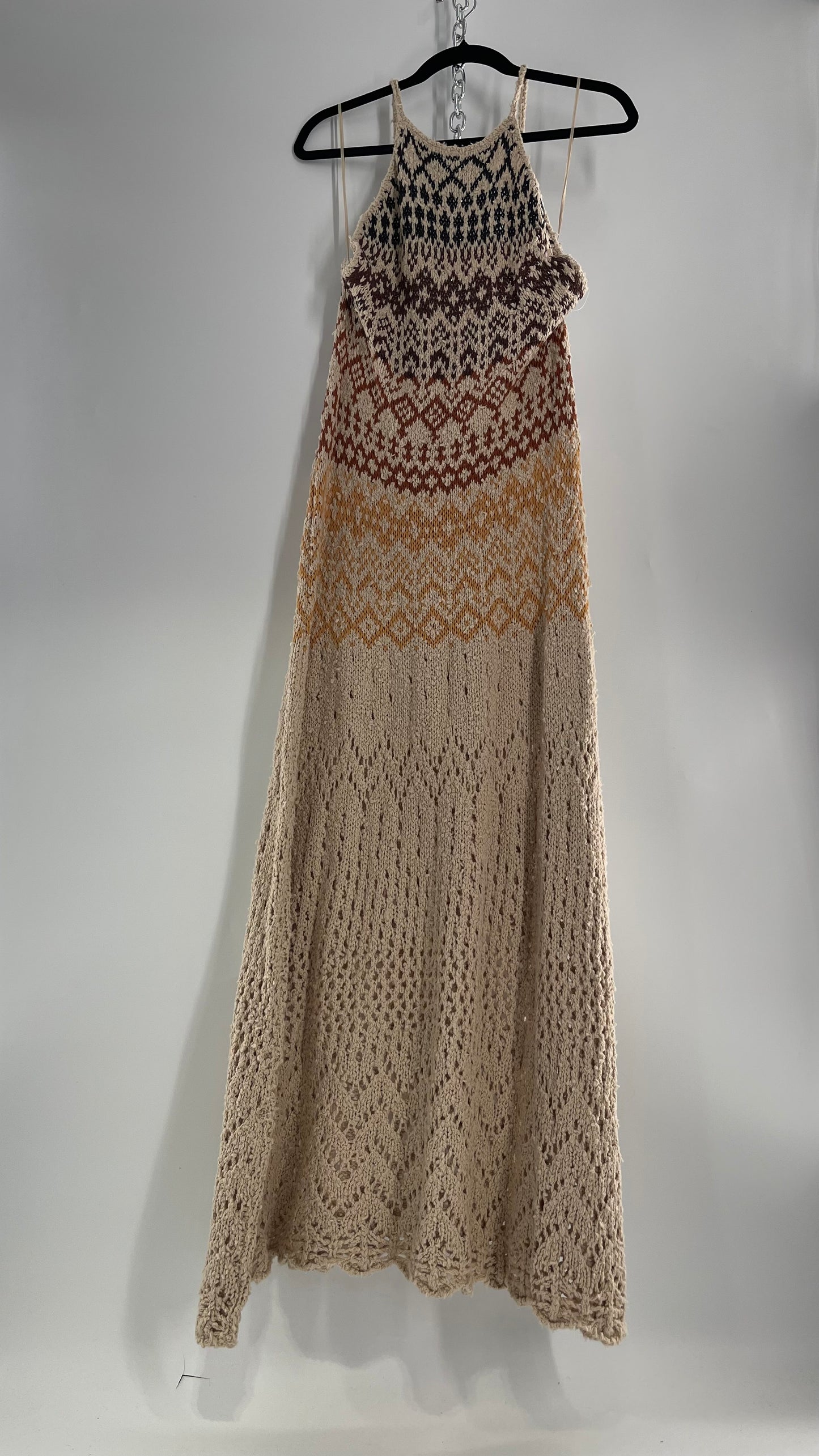 Free People Beige Ikat Oasis Knit Halter Maxi Dress (Small)