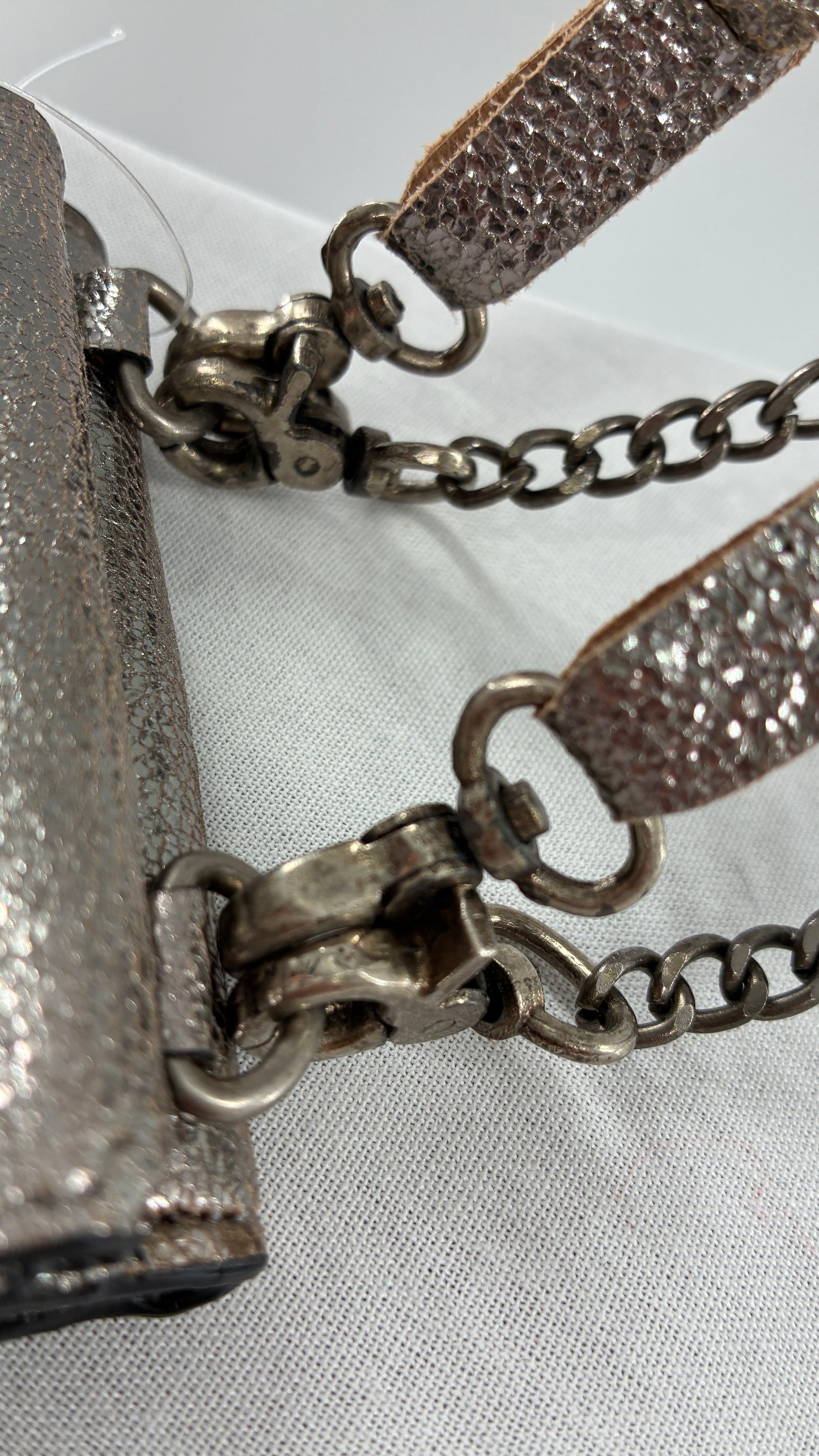 Free People Silver Gun Metal Metallic Goat Leather Wallet with Leather and Chain Straps