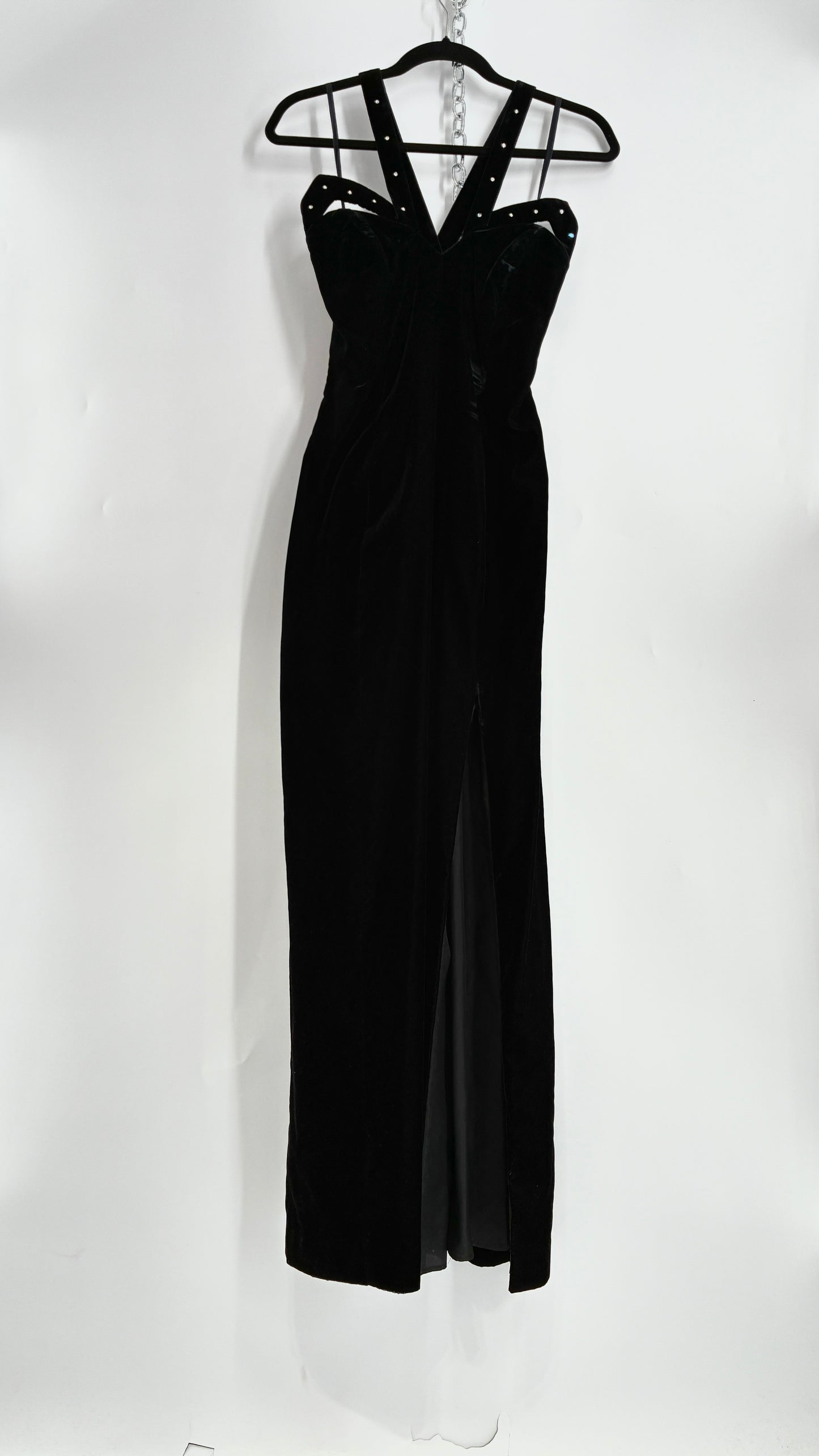 Vintage Handmade Velvet Gown with Pointed Bust Lined in Rhinestones and Dramatic Side Slit (S/M)