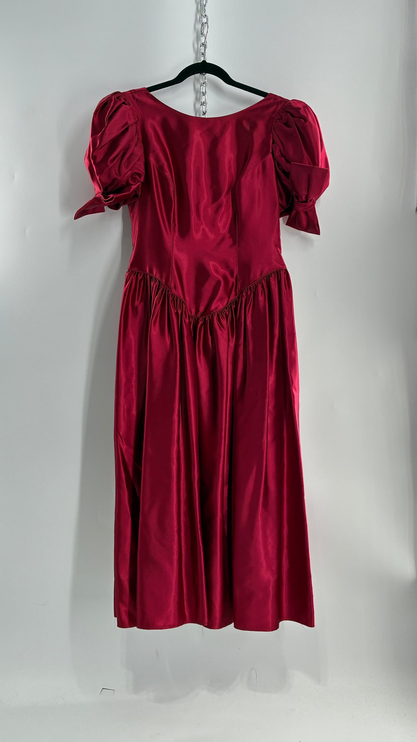 Vintage Red Silky Satin Corset Style Dress with Sweetheart Neckline, Puff Sleeves, Oversized Bow Bum, Open Back and Draping Pearls (10P)
