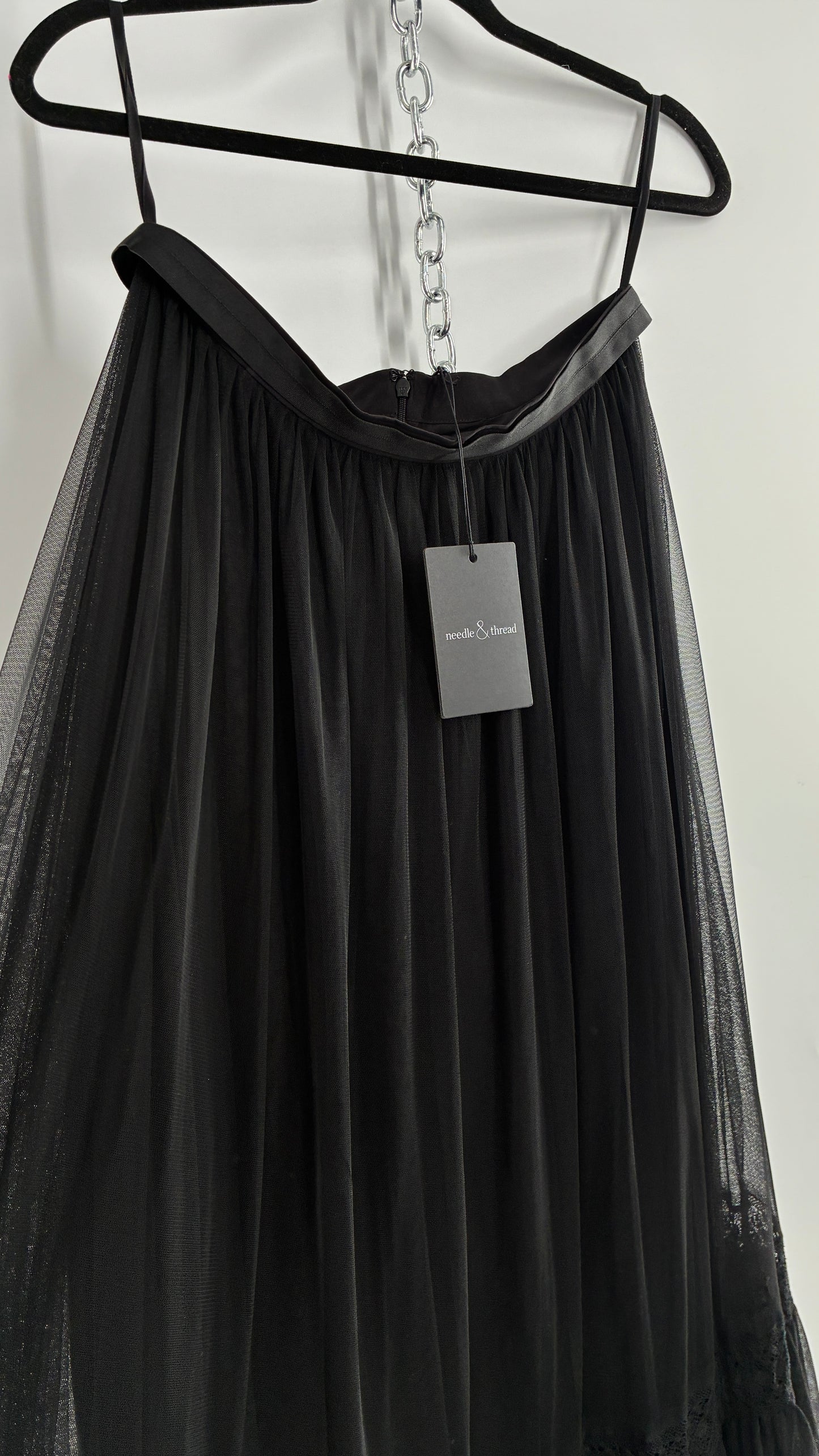 Needle & Thread Voluminous Black Multi Layer Mesh Full Length Skirt with Ribbon Waistline with Tags Attached (10)