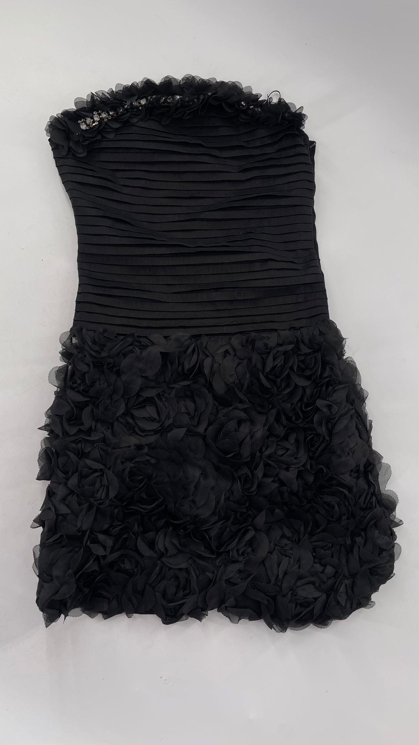 C.O:GWBG Black Dress with Pleated Bodice, Floral Ruffled Skirt and Bedazzled Bustline (S/M)
