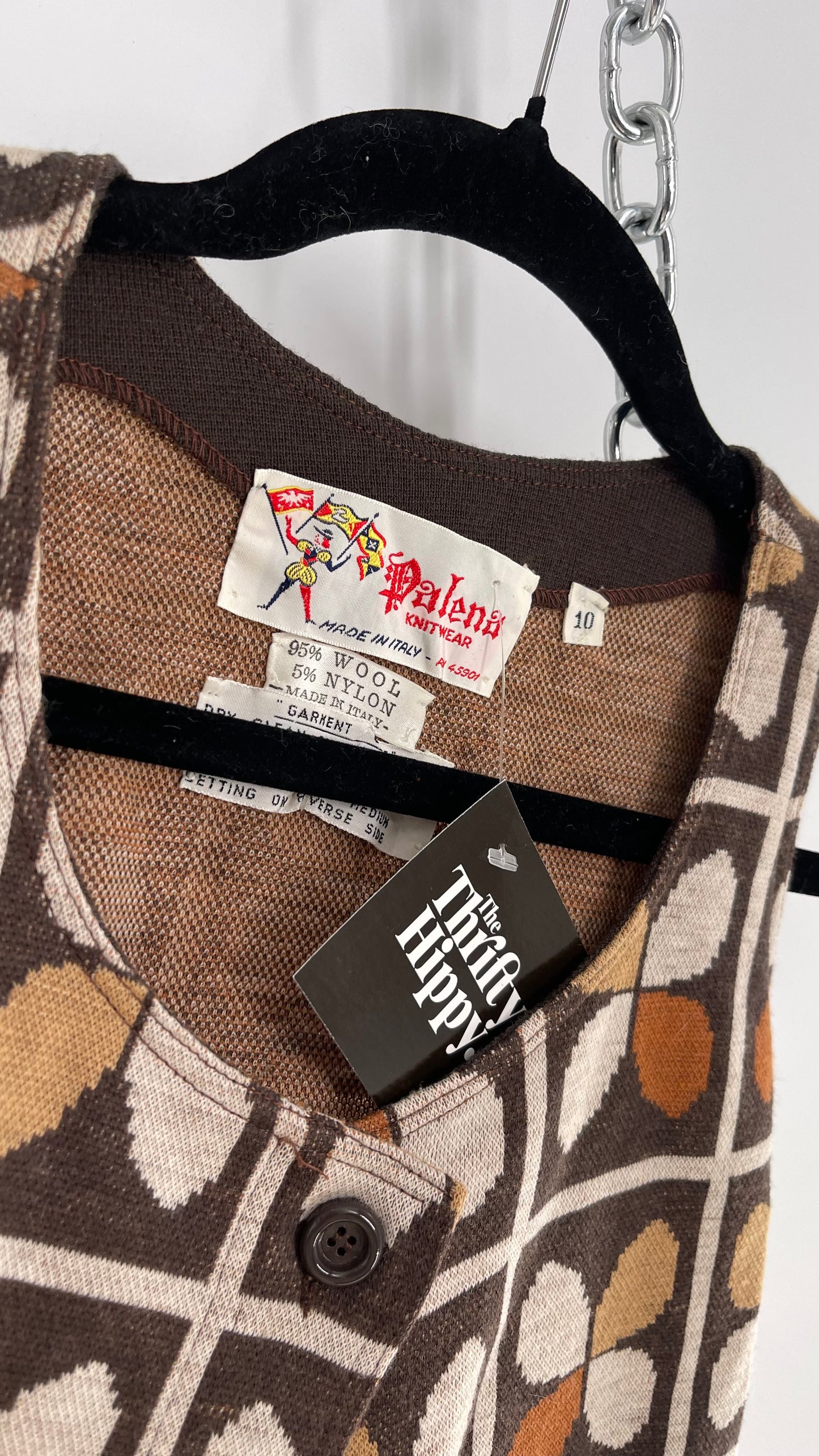 Vintage 1970s Palena Knitwear Brown, 95% Wool Cropped Button Front Pocketed Vest Top (Small)