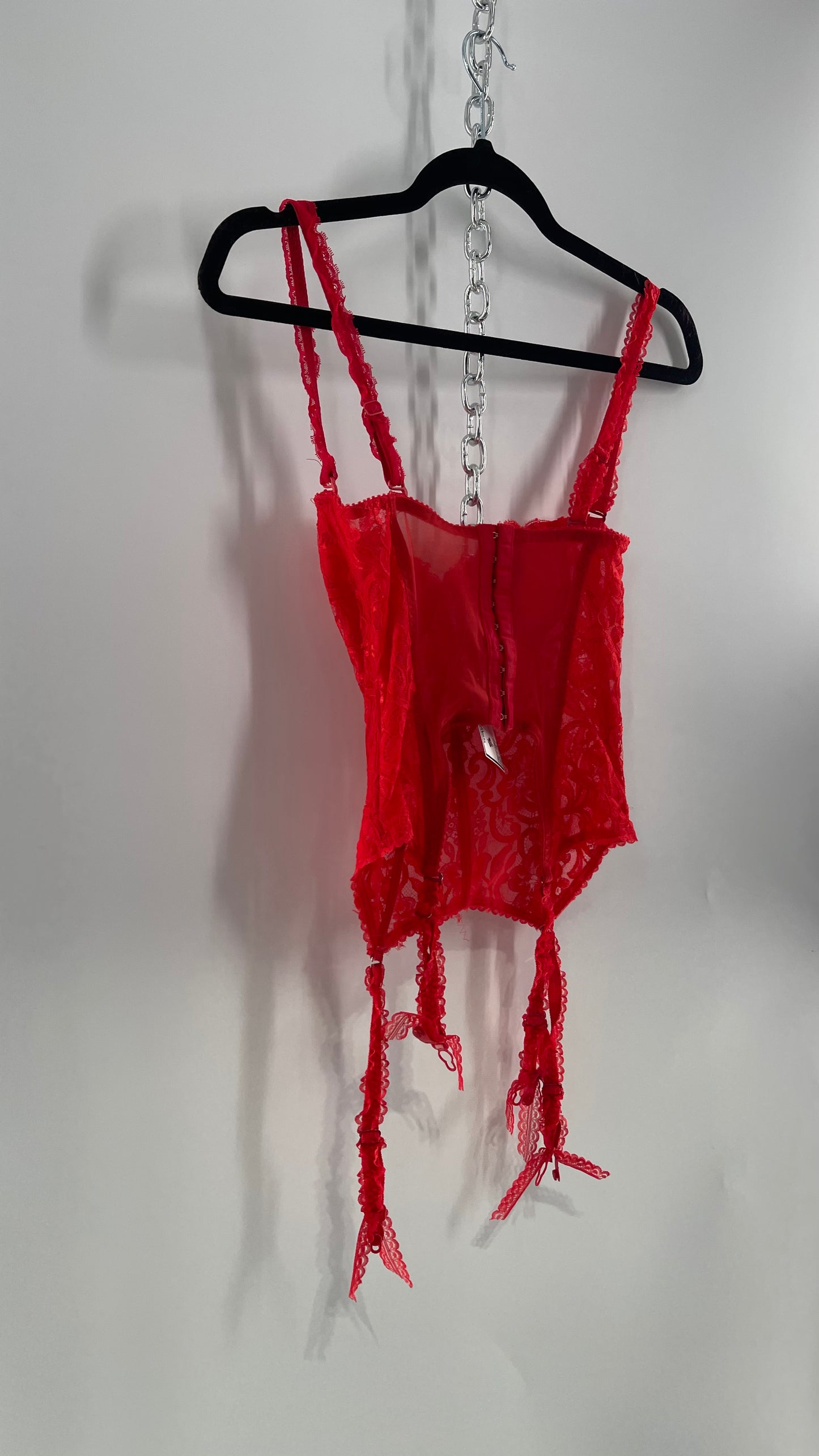 90s Vintage Red Lace Corset with Ruffled Sleeves and Removable Garter Straps (32B)