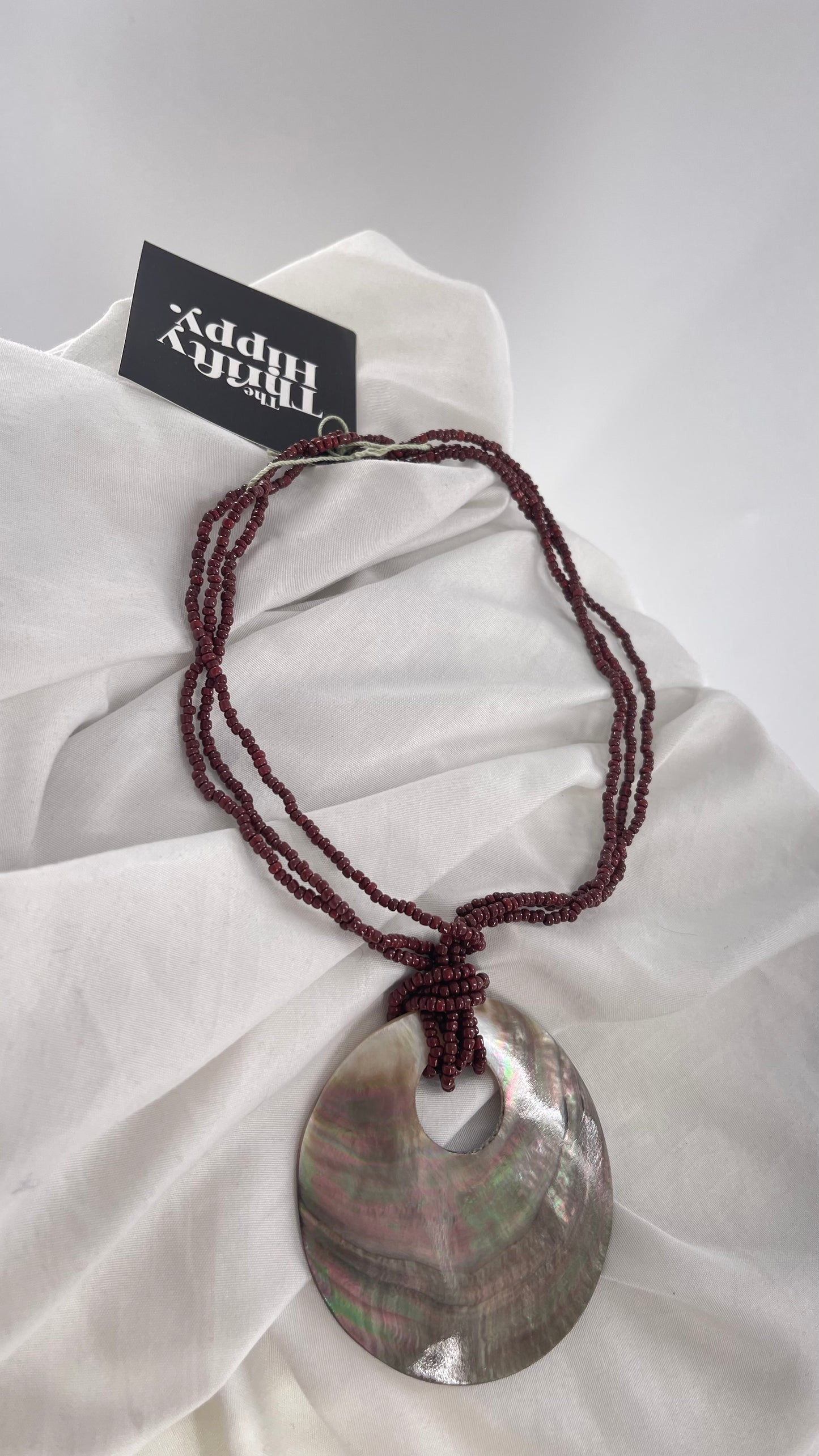Vintage 1990s Burgundy Beaded Choker with Statement Iridescent Shell Pendant