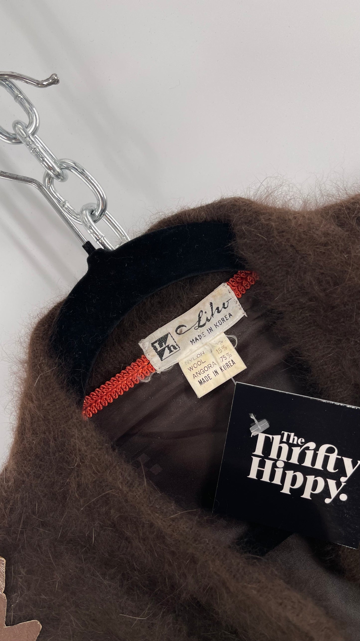 Liho Korean Vintage Brown Cardigan with Leather, Fur and Beaded Detailing 15% Wool 75% Angora  (C)(Medium)