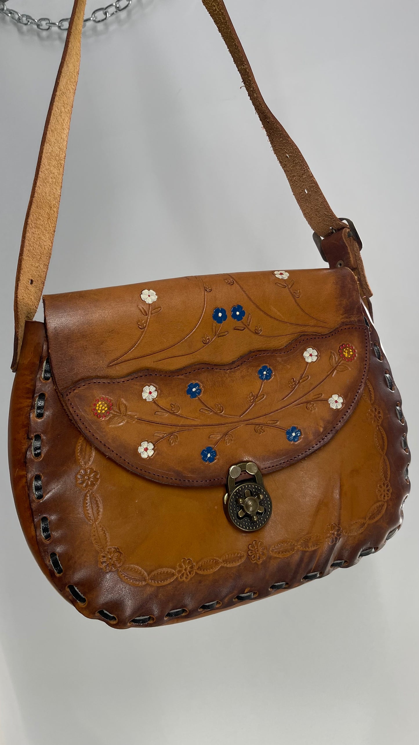 Vintage 1970s Mexico Leather Saddle Bag with Engravings, Stitching and Turnstile Closure