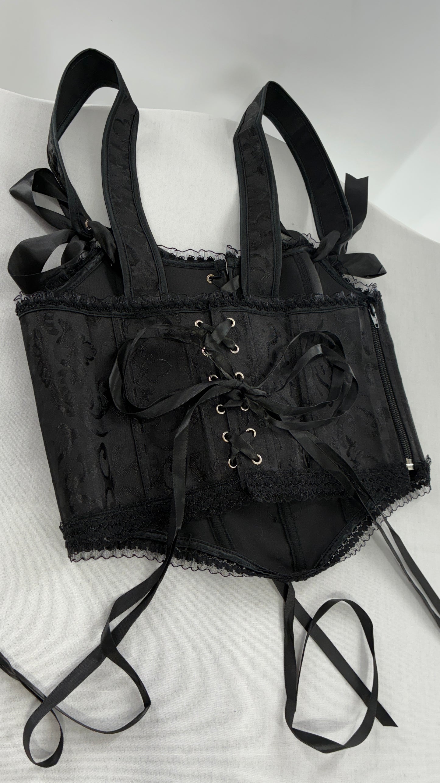 Custom Black Jacquard Corset, Handmade with Heart Appliqué, Bows, Embroidery, Gemstones, Lace and Ruffles (S/M)