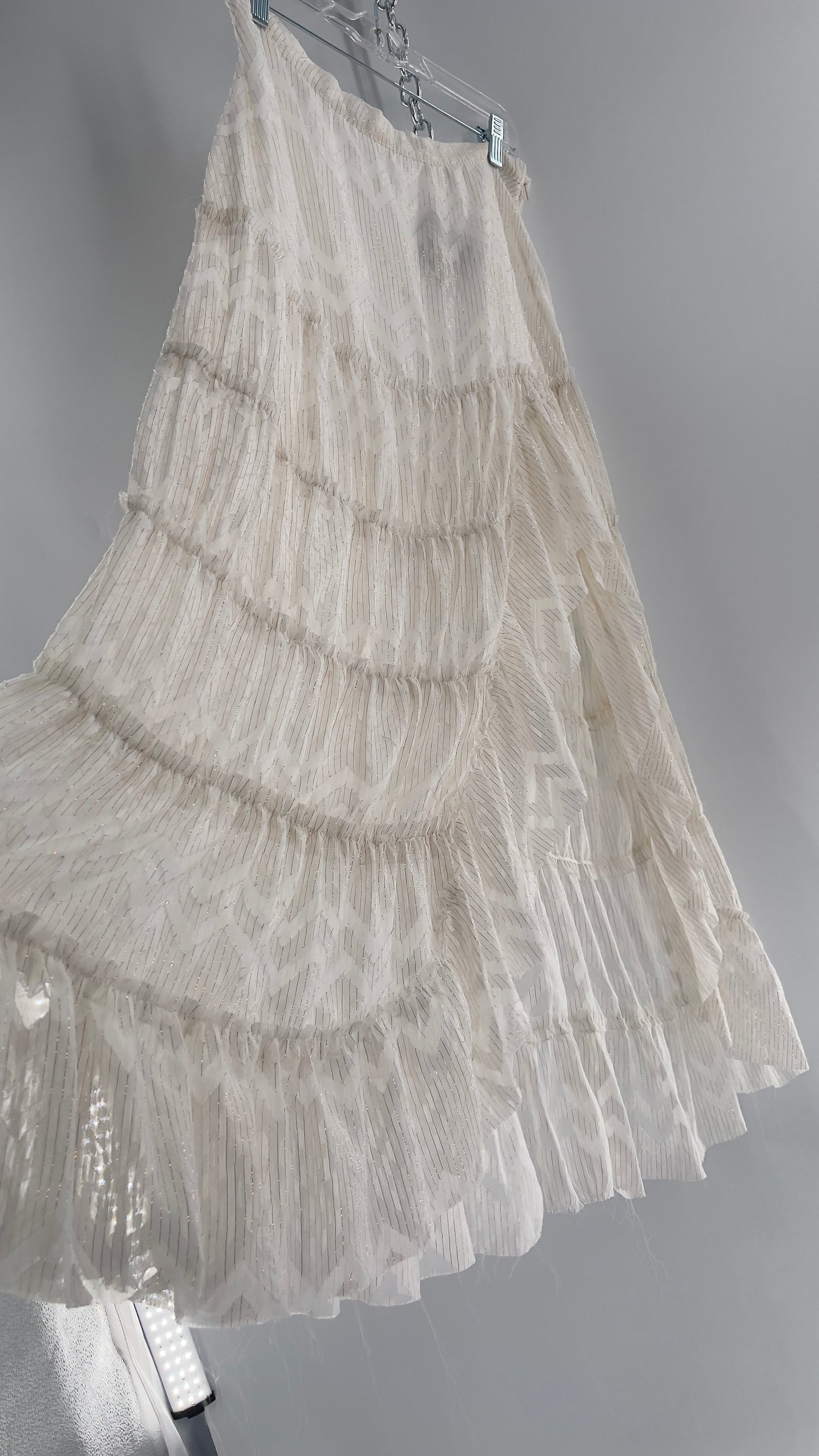 Free People Raw Edge Hem White Gold Tinsel Skirt with Ruffle Side Slit (Small)