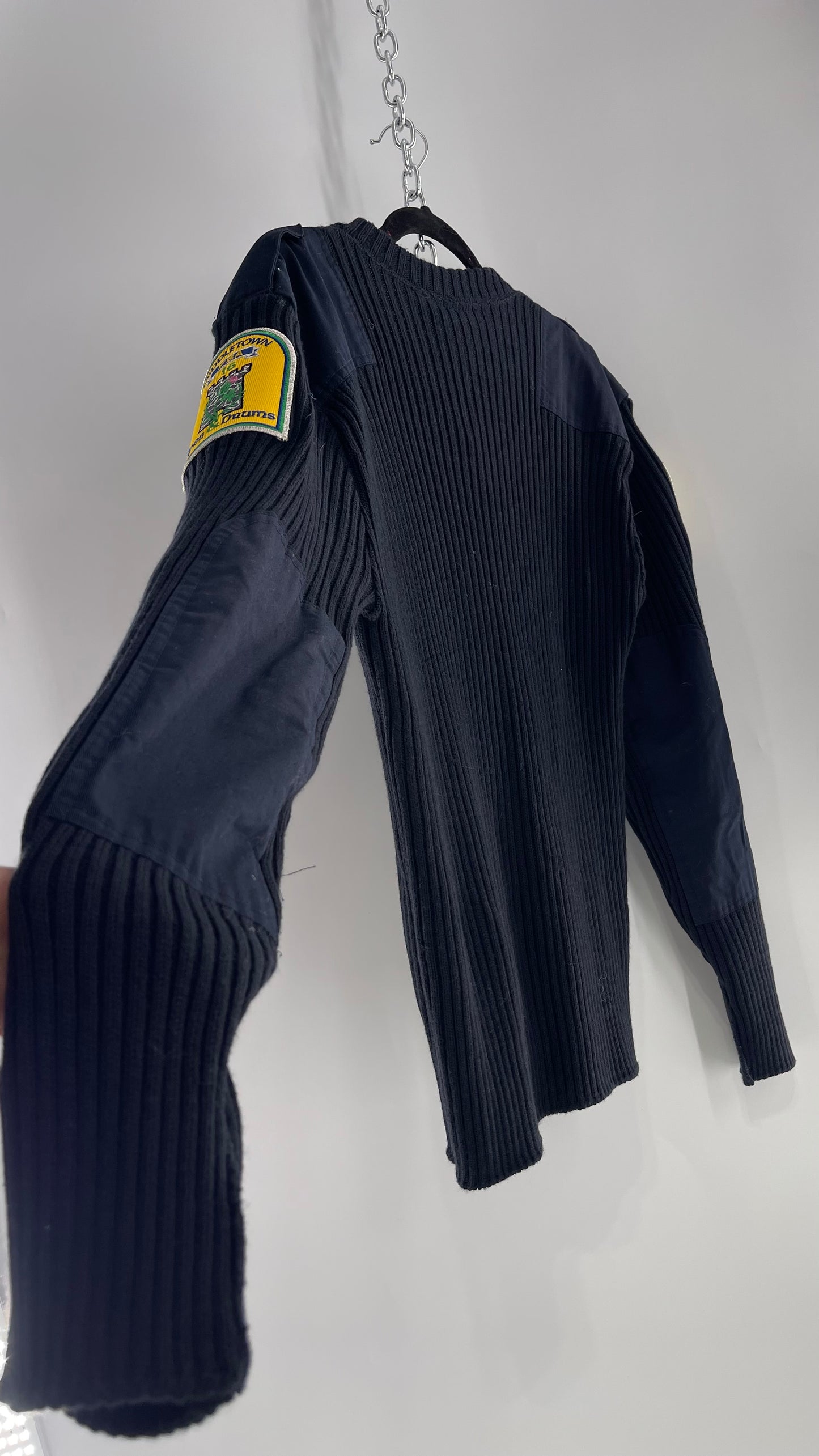 Vintage Pipes & Drums Navy Blue Ribbed Heavy Knit Sweater with Arm Patches and Badges (XL)