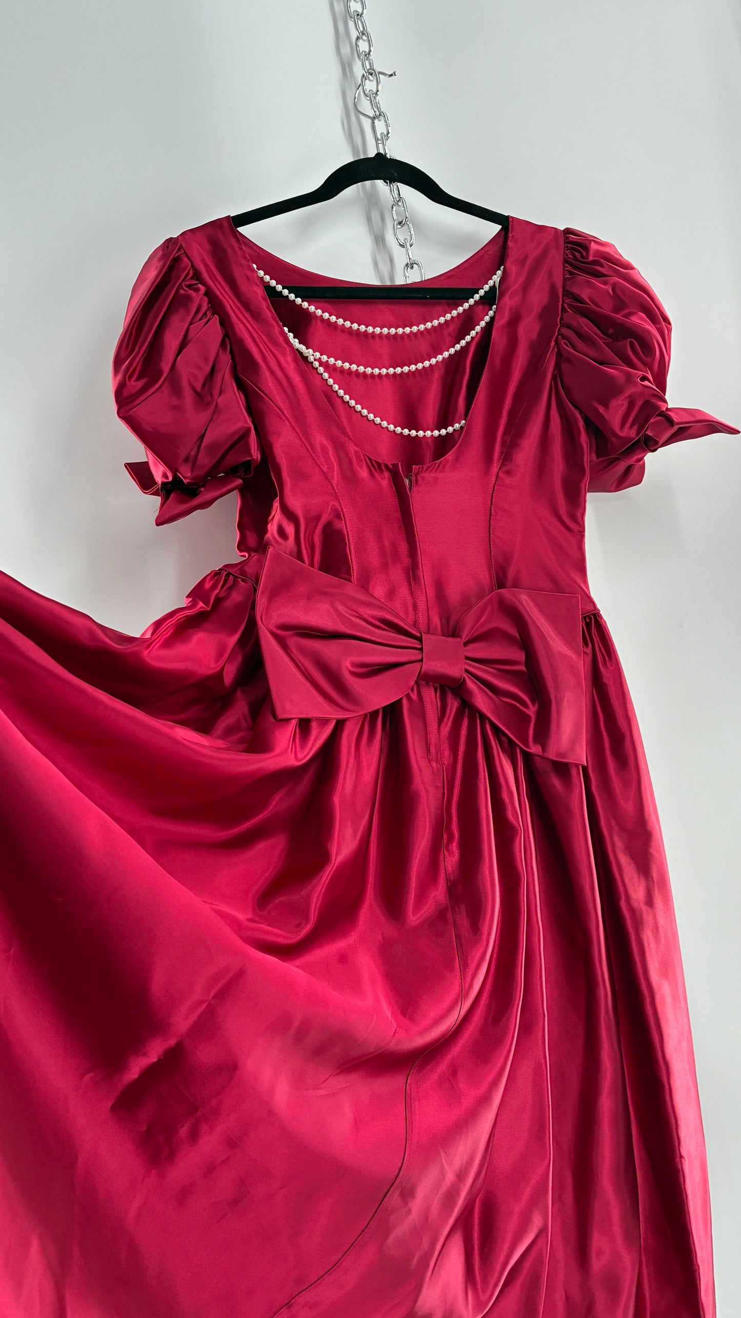 Vintage Red Silky Satin Corset Style Dress with Sweetheart Neckline, Puff Sleeves, Oversized Bow Bum, Open Back and Draping Pearls (10P)