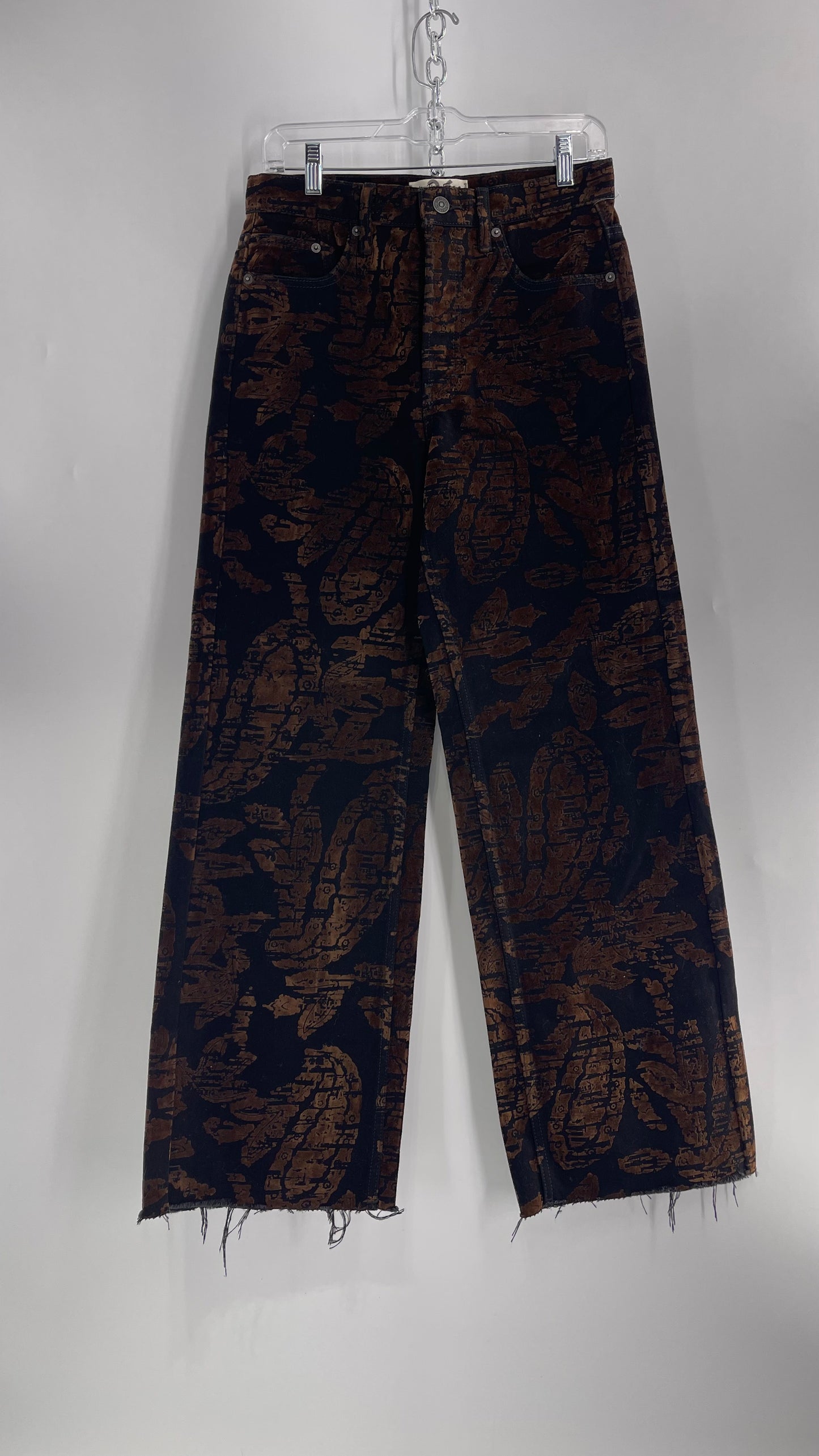 Free People Black/Brown Velvet Texture Graphic Straight Legs with Raw Edge Hem and Tags Attached (28)
