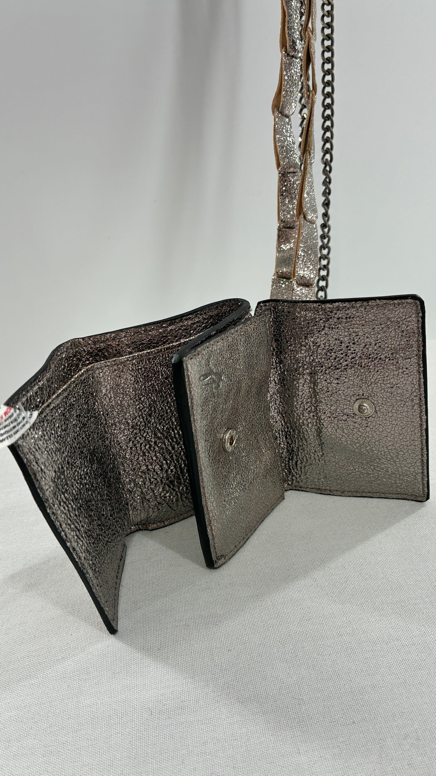 Free People Silver Gun Metal Metallic Goat Leather Wallet with Leather and Chain Straps