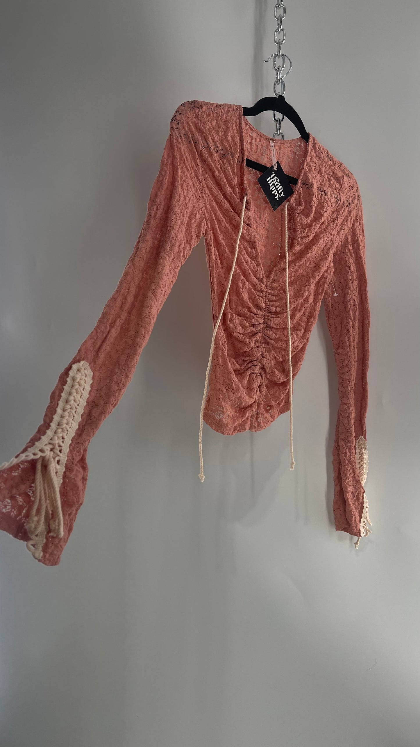Free People Pink Lace Long Sleeve with Beige Lace Up Sleeve Detail (XS)