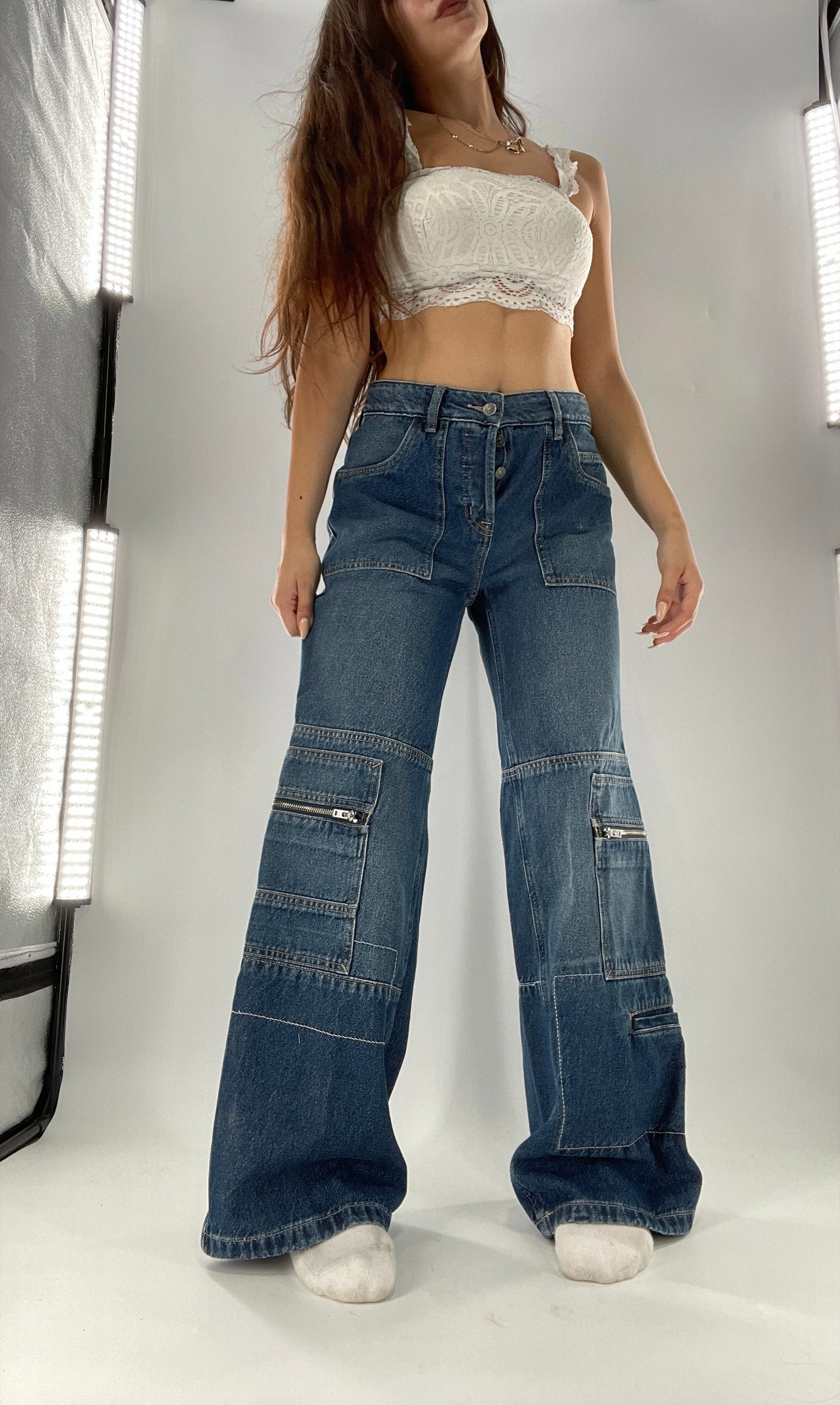 Free People Medium Wash Baggy Straight Legs Jeans Covered in Zippers, Pockets, Stitching (28)