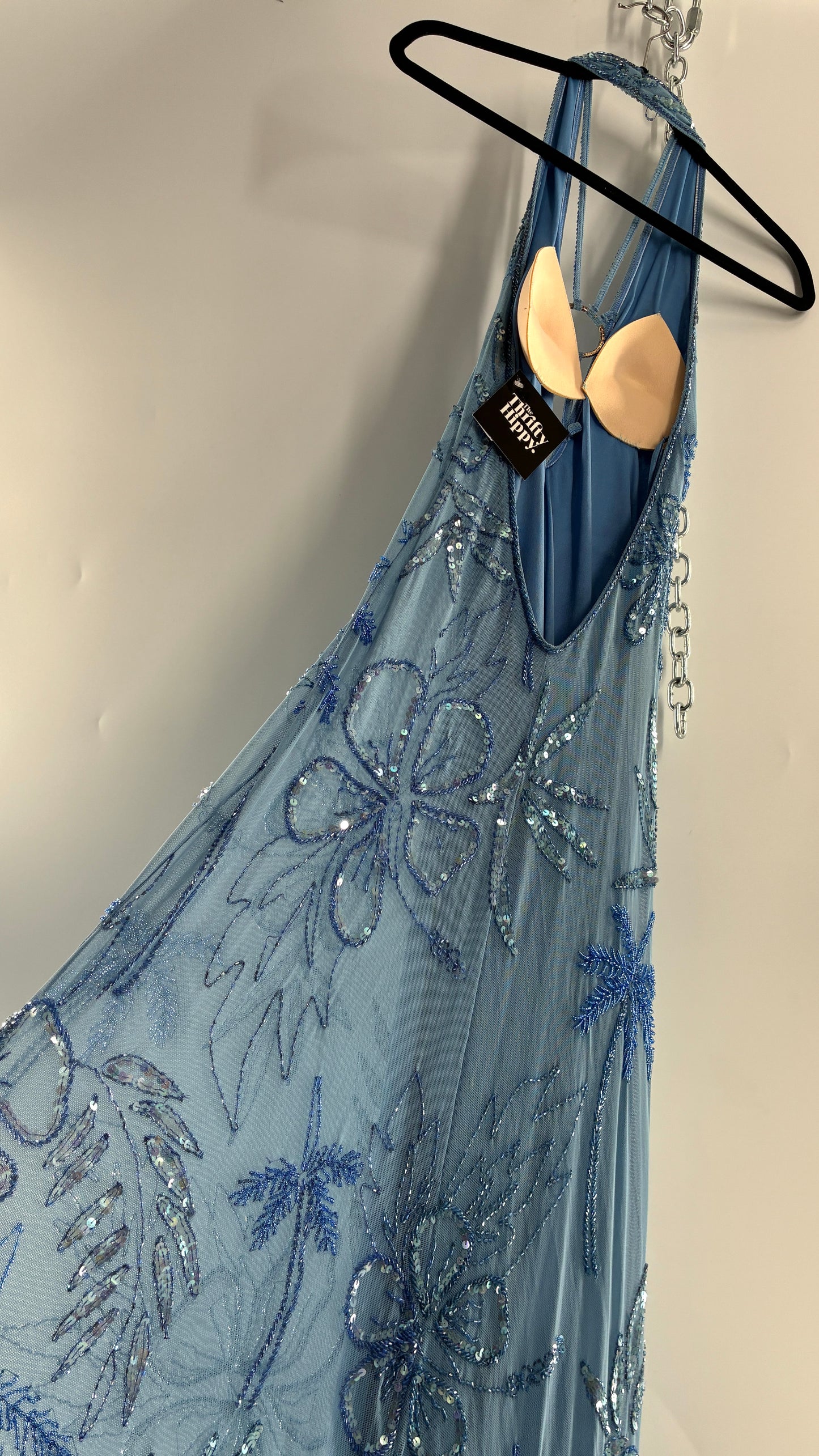 Vintage 1990s Powder Blue Gown Covered in Beaded Appliqué Tropical Designs with Strappy Bust and Low, Open Back (S/M, stretchy no size marked)
