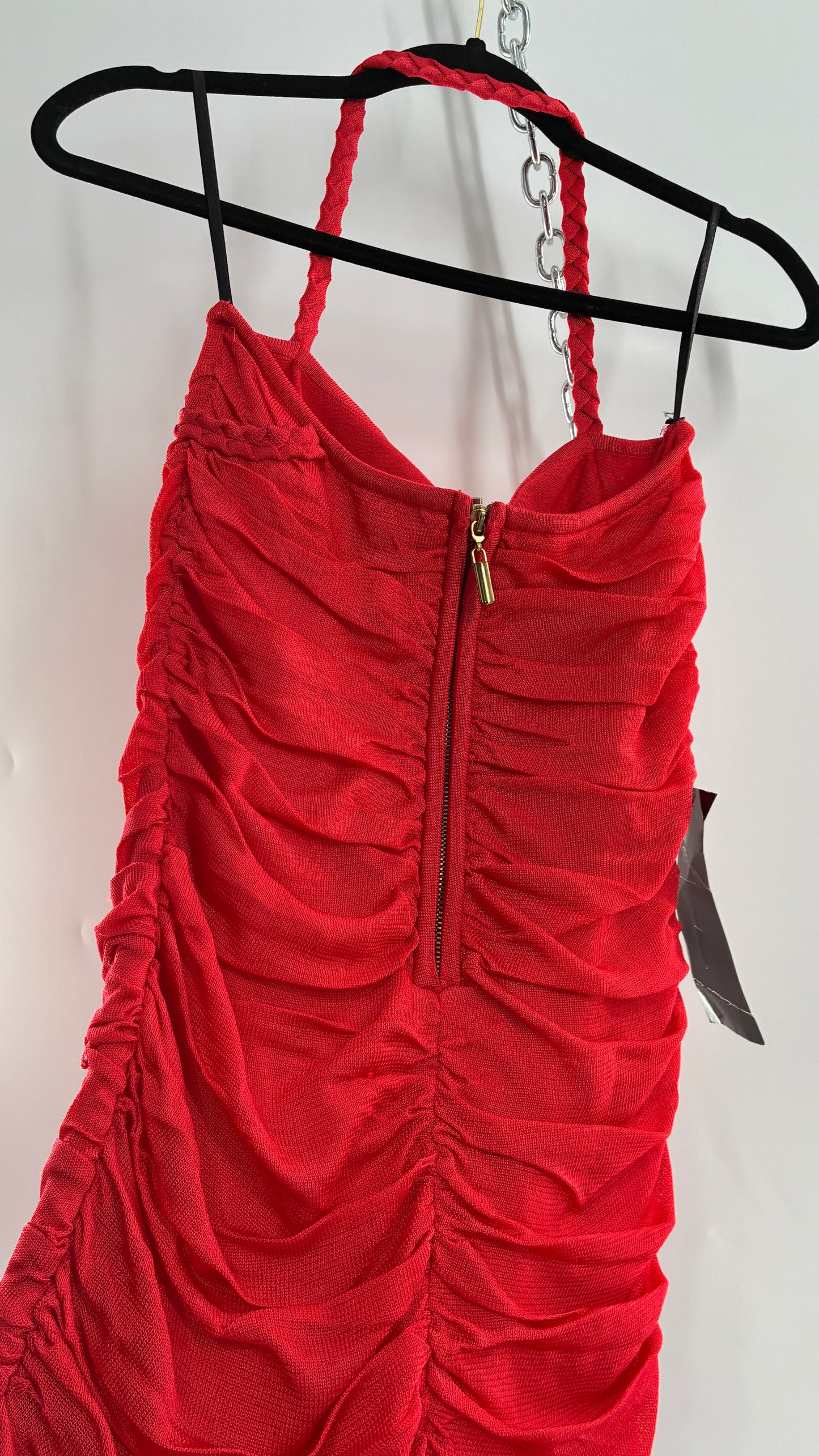 Deadstock Vintage BEBE Red Heavy/Thick Ruched and Roped Mini Dress (Medium)