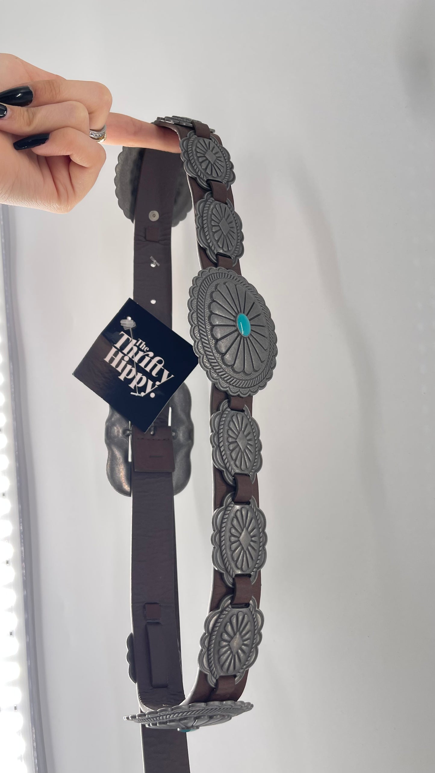 Free People Brown Leather Belt with Heavy Duty Metal Engraved (Small)