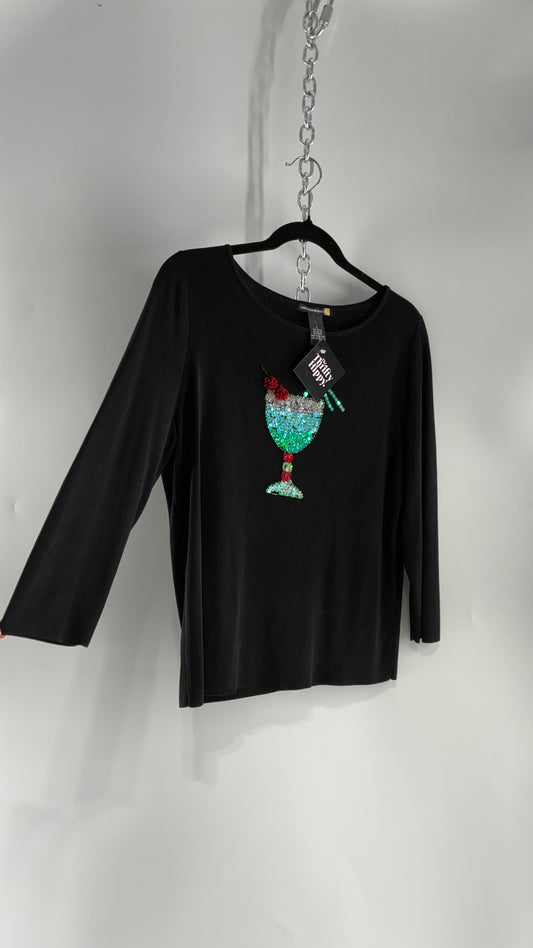 Vintage SWEATERWORKS Margarita Black Knit Top with Beaded and Embroidered Drink (Large)