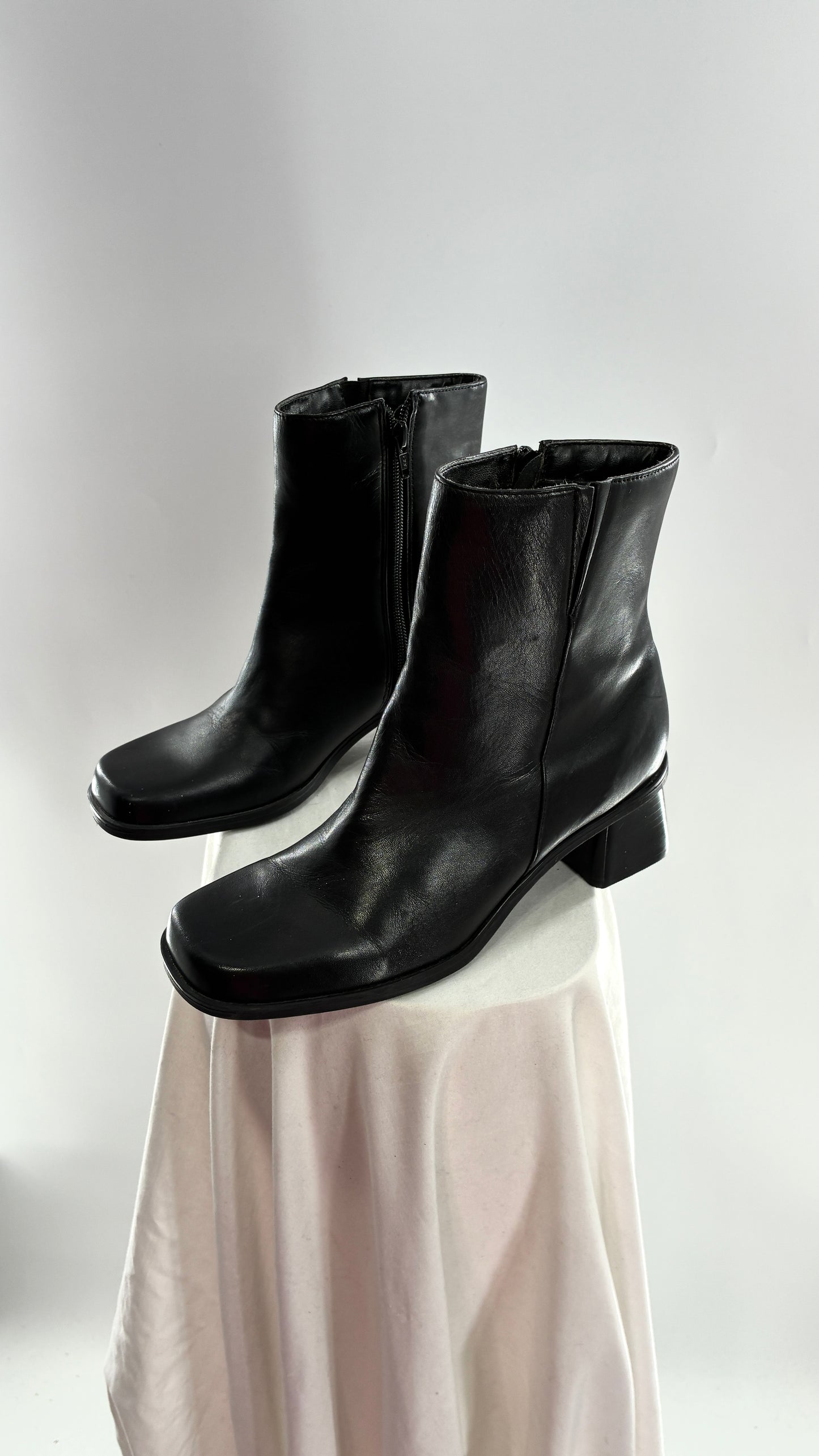 Vintage Naturalizer Black Square Toe Genuine Leather Block Heel Boots Made in Brazil (8)