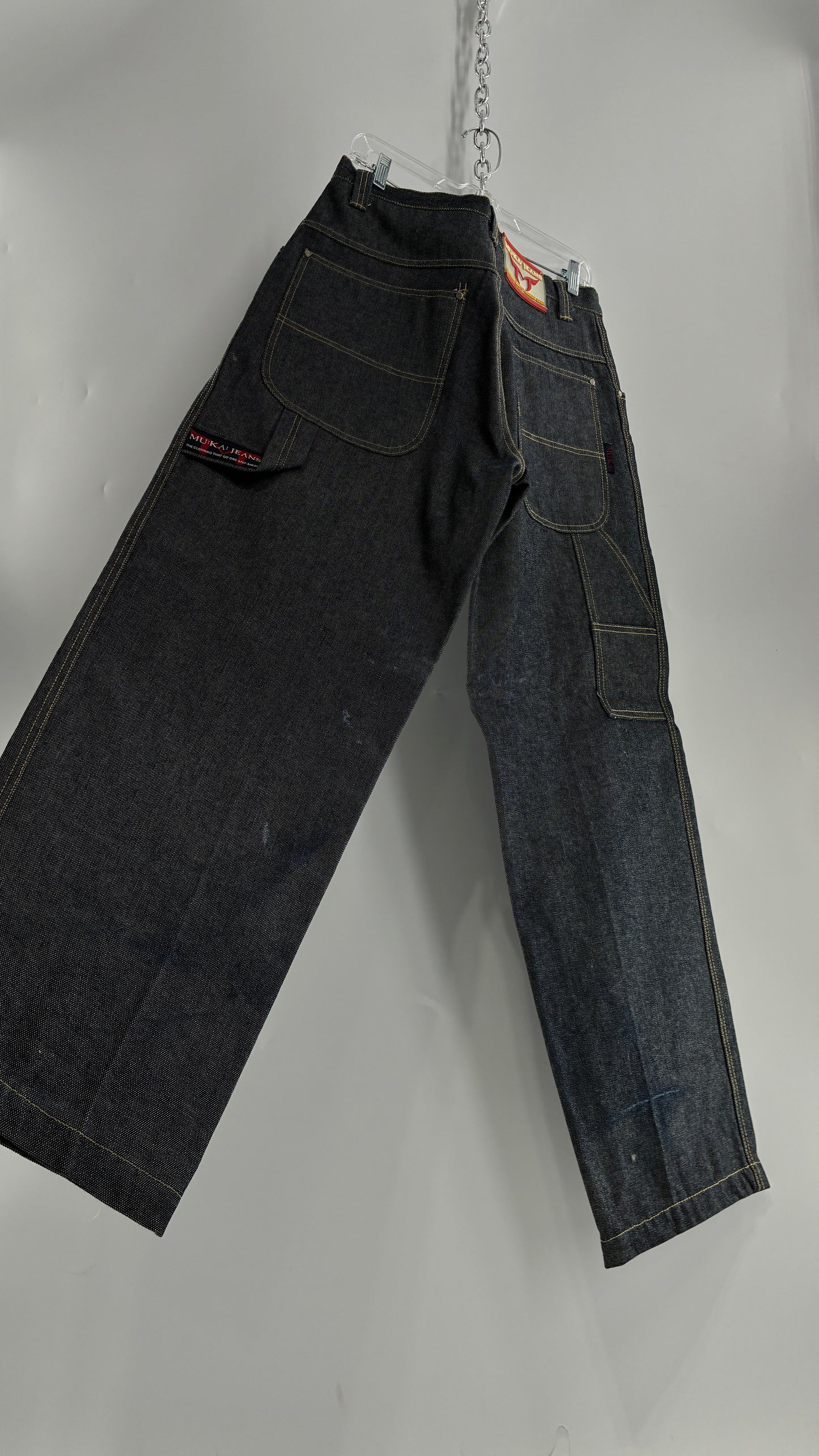 Vintage 1990s MU:KA: JEANS Men’s Dark Wash Japanese Style Denim Baggy Straight Legs and Oversized Jacket Set (L, 32x32)