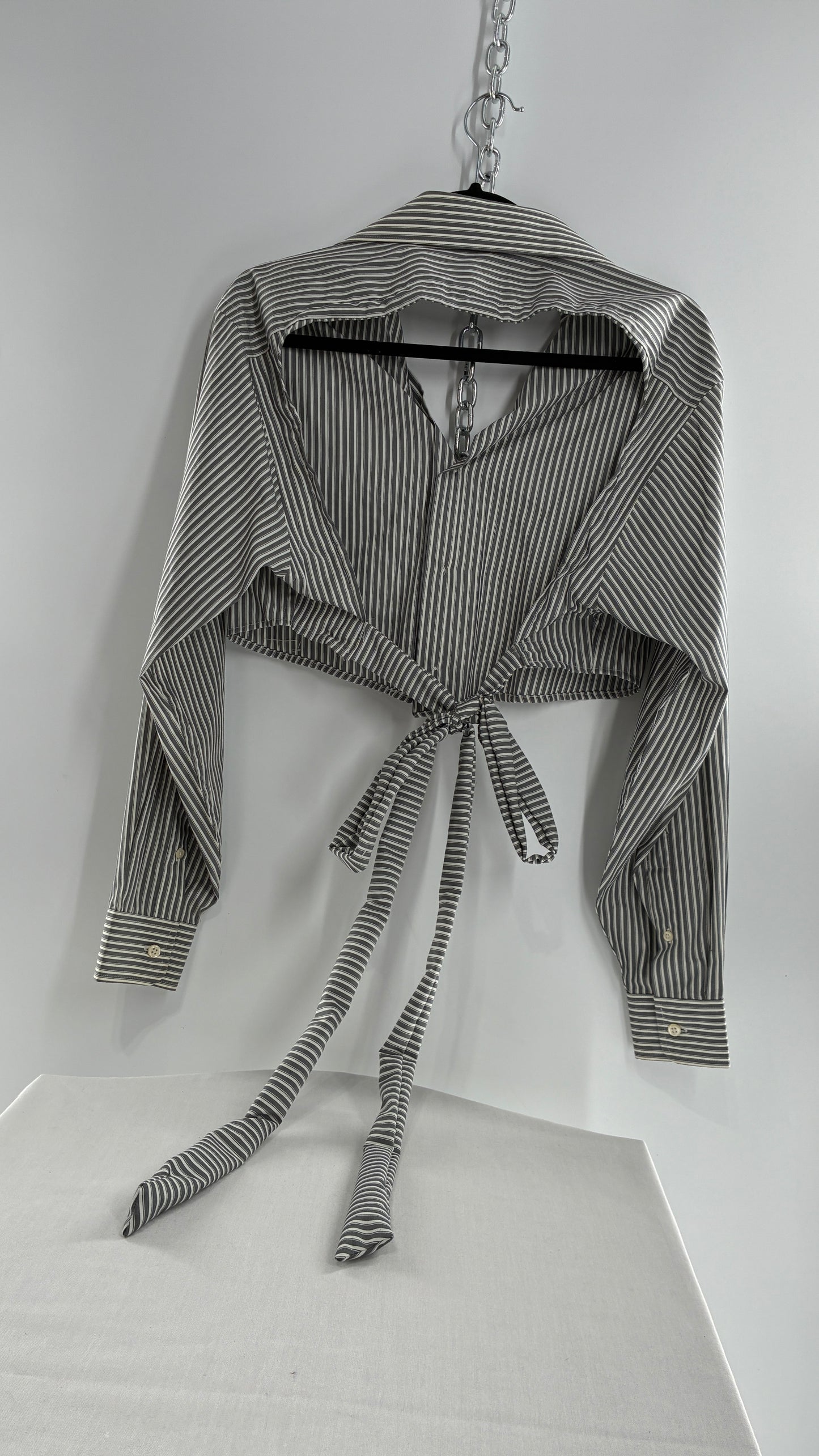 Vintage DAVID TAYLOR Reworked Button Front Backless Grey Striped Blouse (One Size)