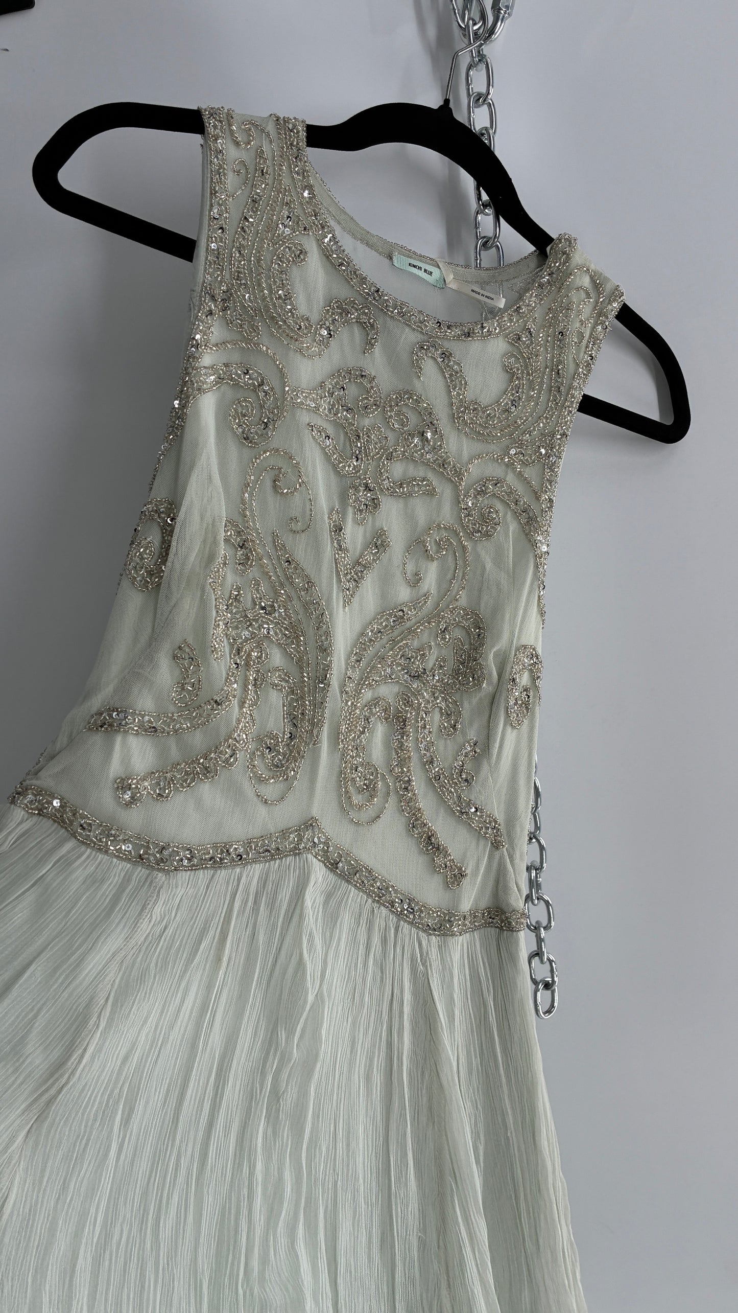 KIMCHI BLUE Light Greyish Seafoam Green Crimped Gown with Beaded Bodice and Sheer Back (2)