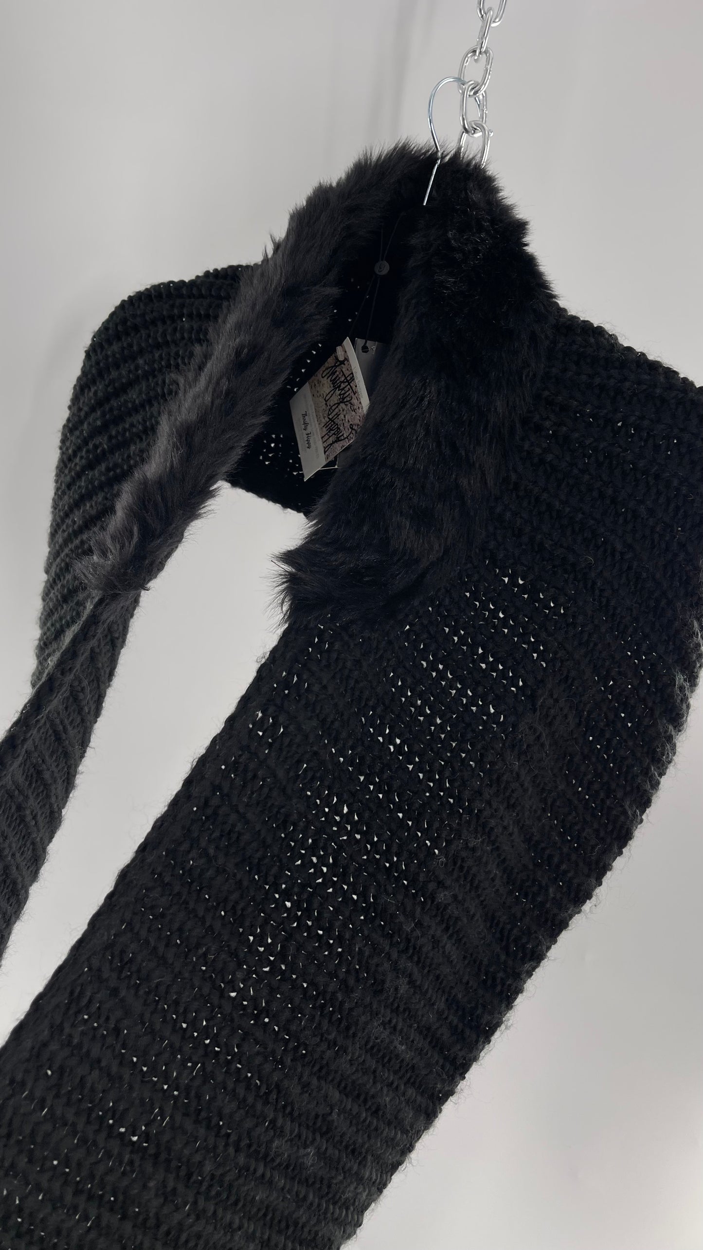 Comma Black Knit Infinity Scarf with Fur Trim Collar and Tags Attached