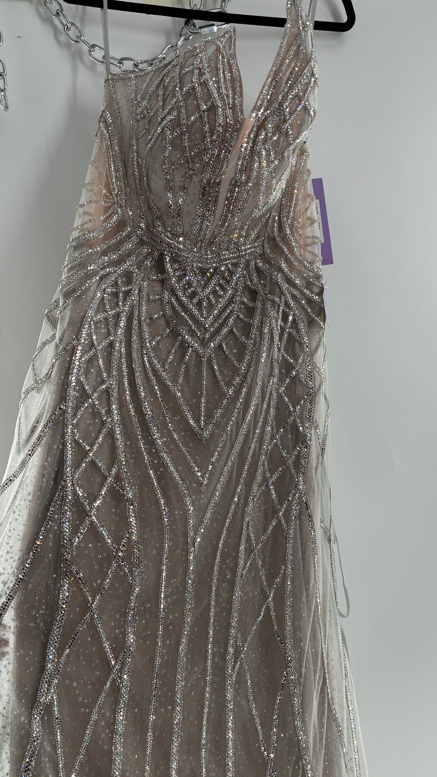 NWT LADIVINE by Cinderella Divine Silver Nude CC6018 Mermaid Corseted Gown with Multiple Layers of Tulle, Covered in Crystal Strips (16)